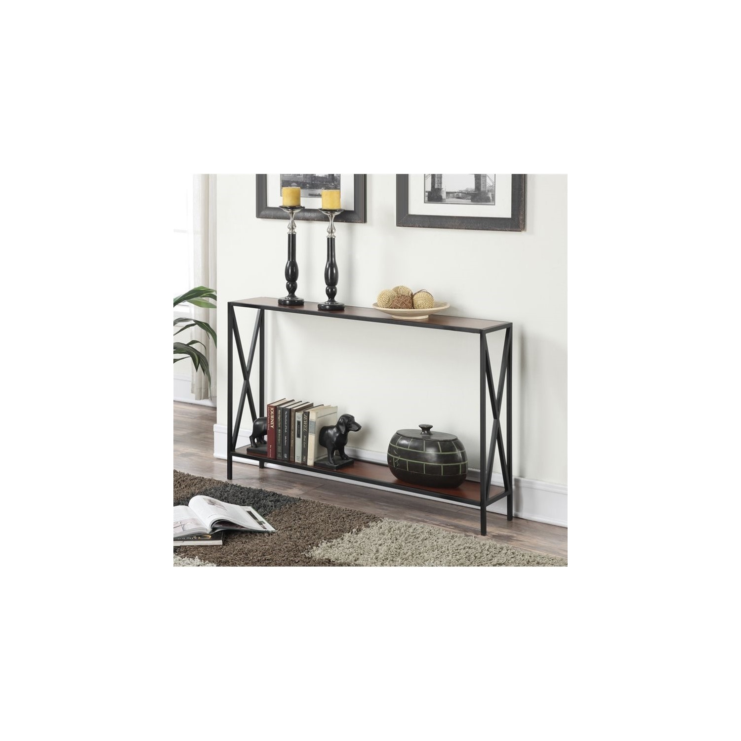 Convenience Concepts Tucson Console Table in Black Metal and Cherry Wood Finish