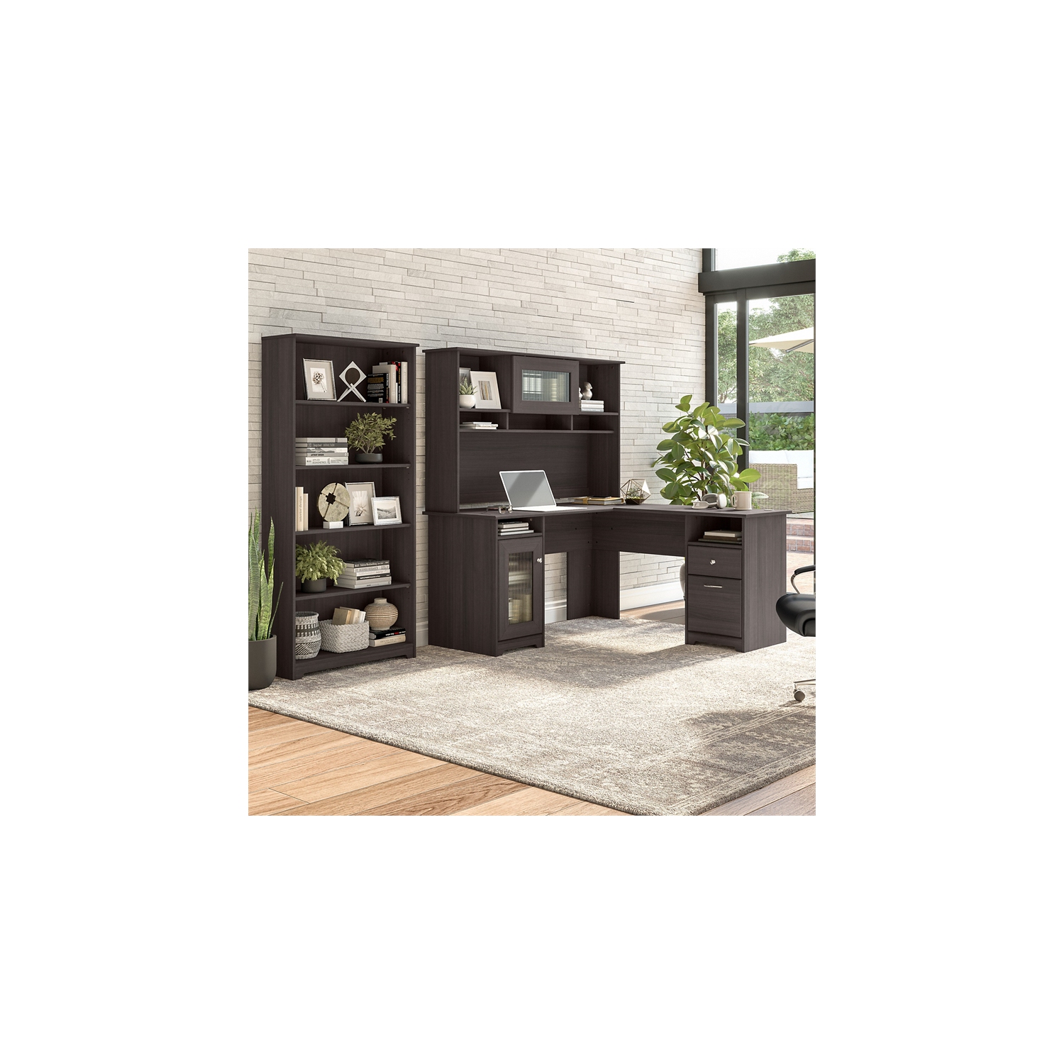 Cabot L Shaped Desk with Hutch and Bookcase in Heather Gray - Engineered Wood