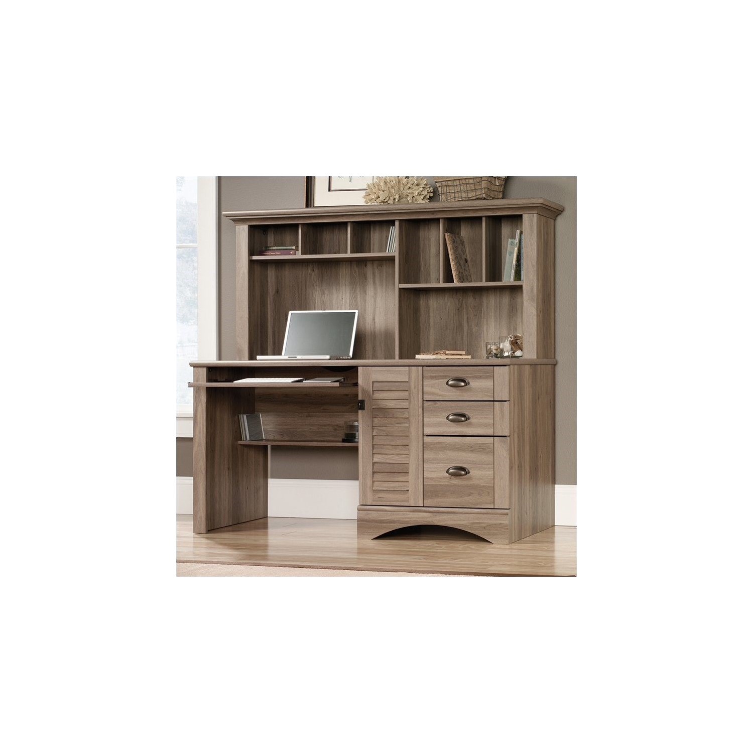 Sauder Harbor View Computer Desk with Hutch in Salt Oak