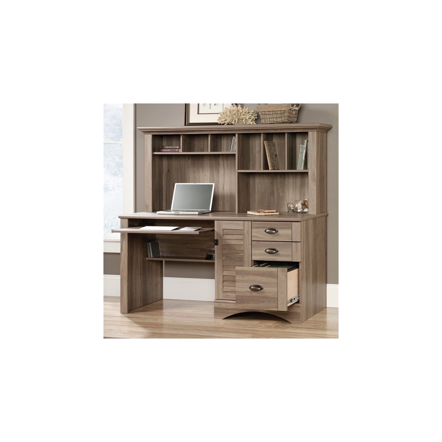 Sauder Harbor View Computer Desk with Hutch in Salt Oak