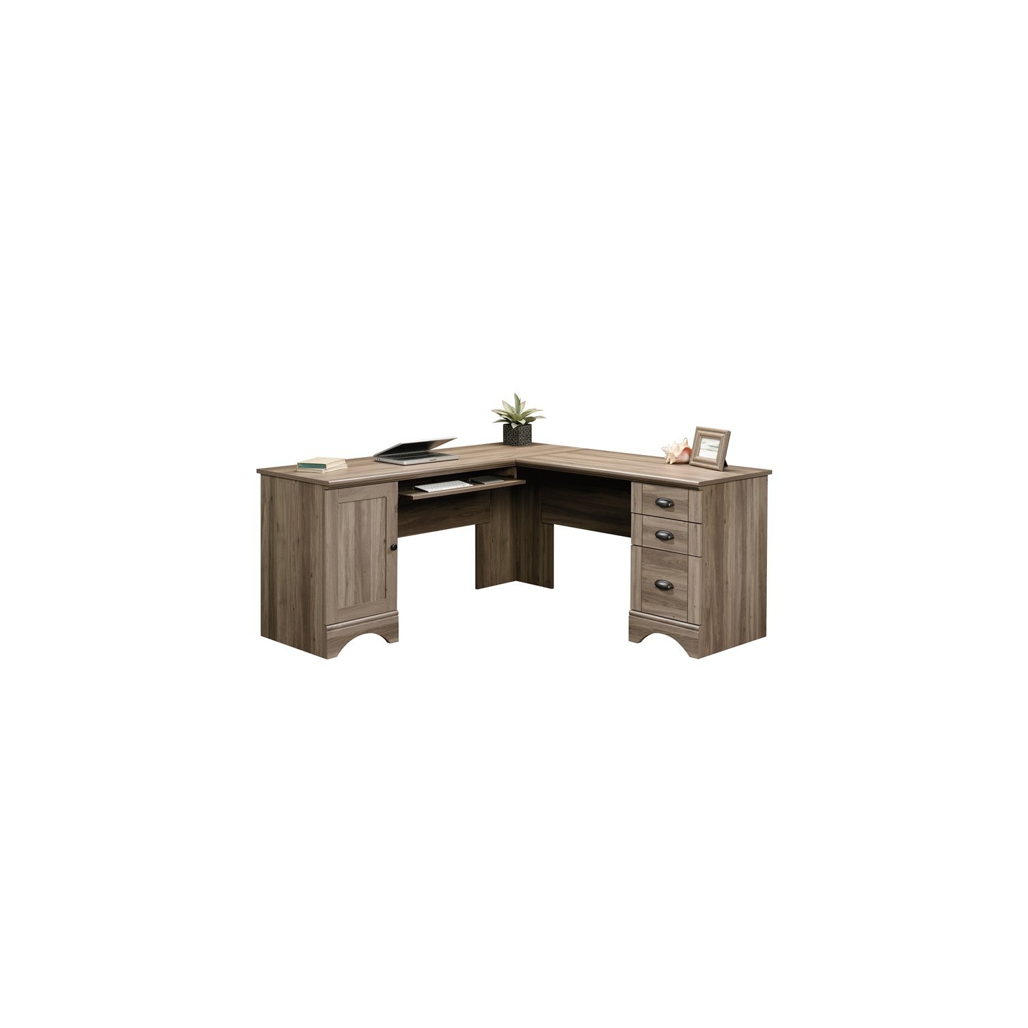 Sauder Harbor View Contemporary Wood L Shaped Computer Desk in Salt Oak
