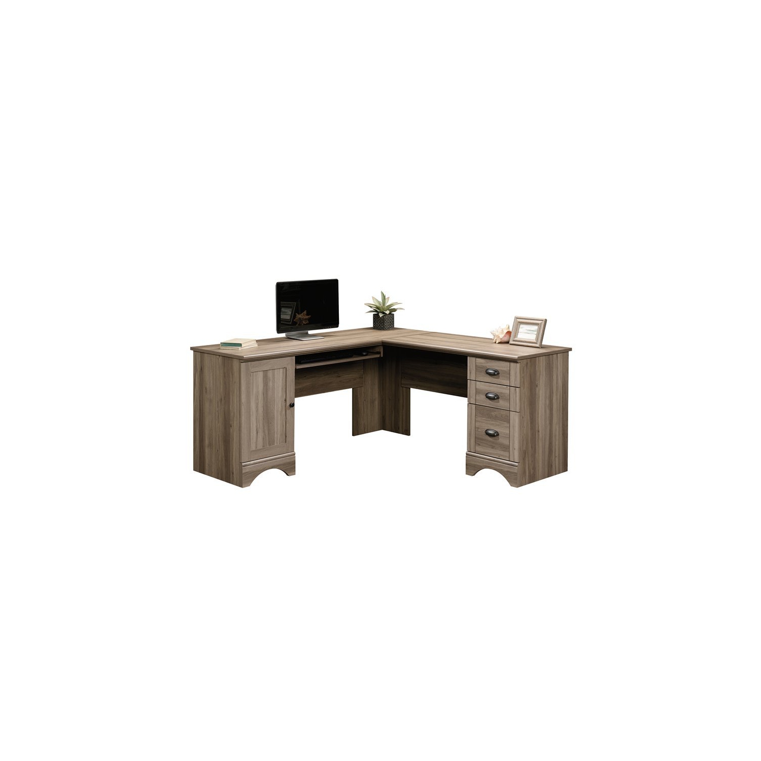 Sauder Harbor View Contemporary Wood L Shaped Computer Desk in Salt Oak