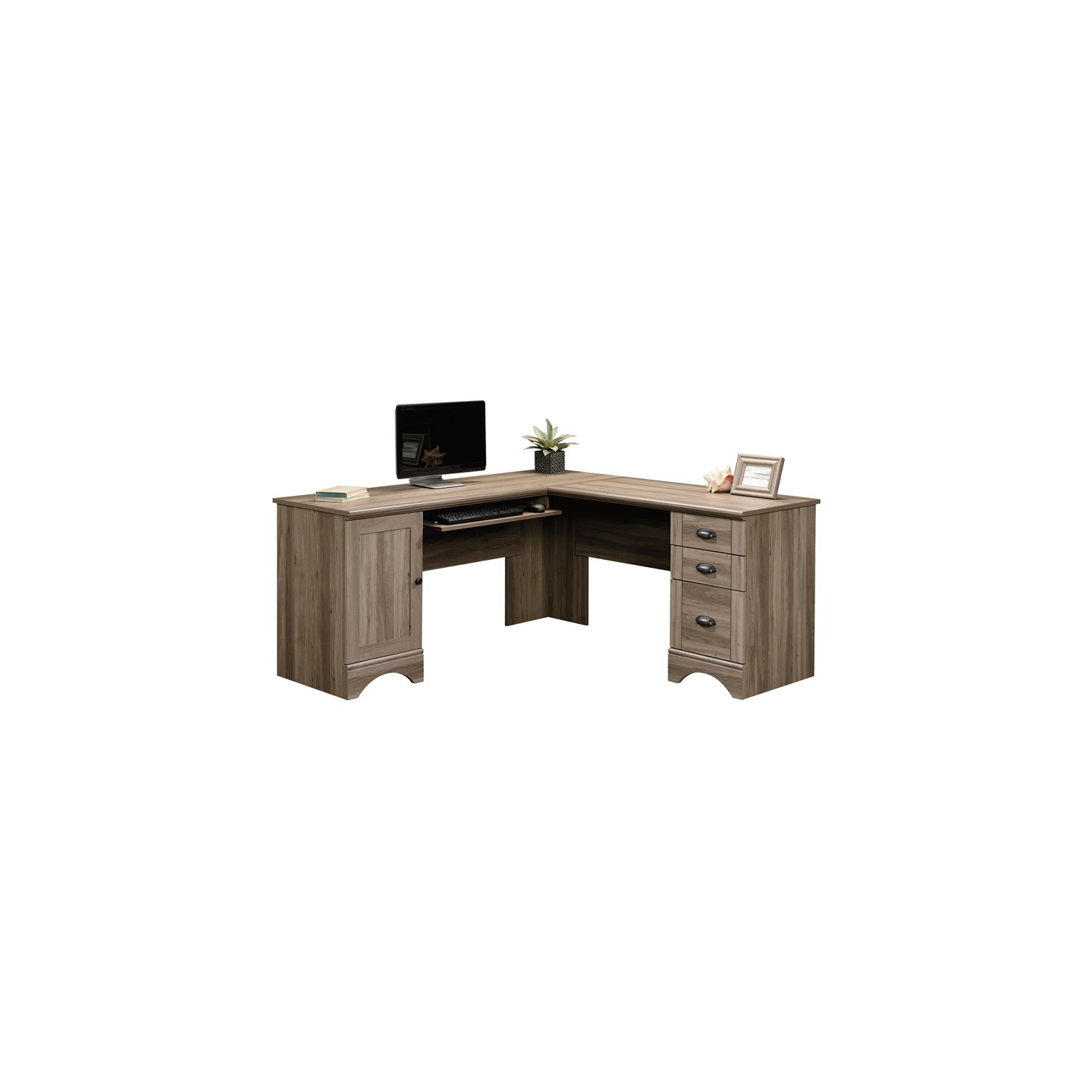 Sauder Harbor View Contemporary Wood L Shaped Computer Desk in Salt Oak