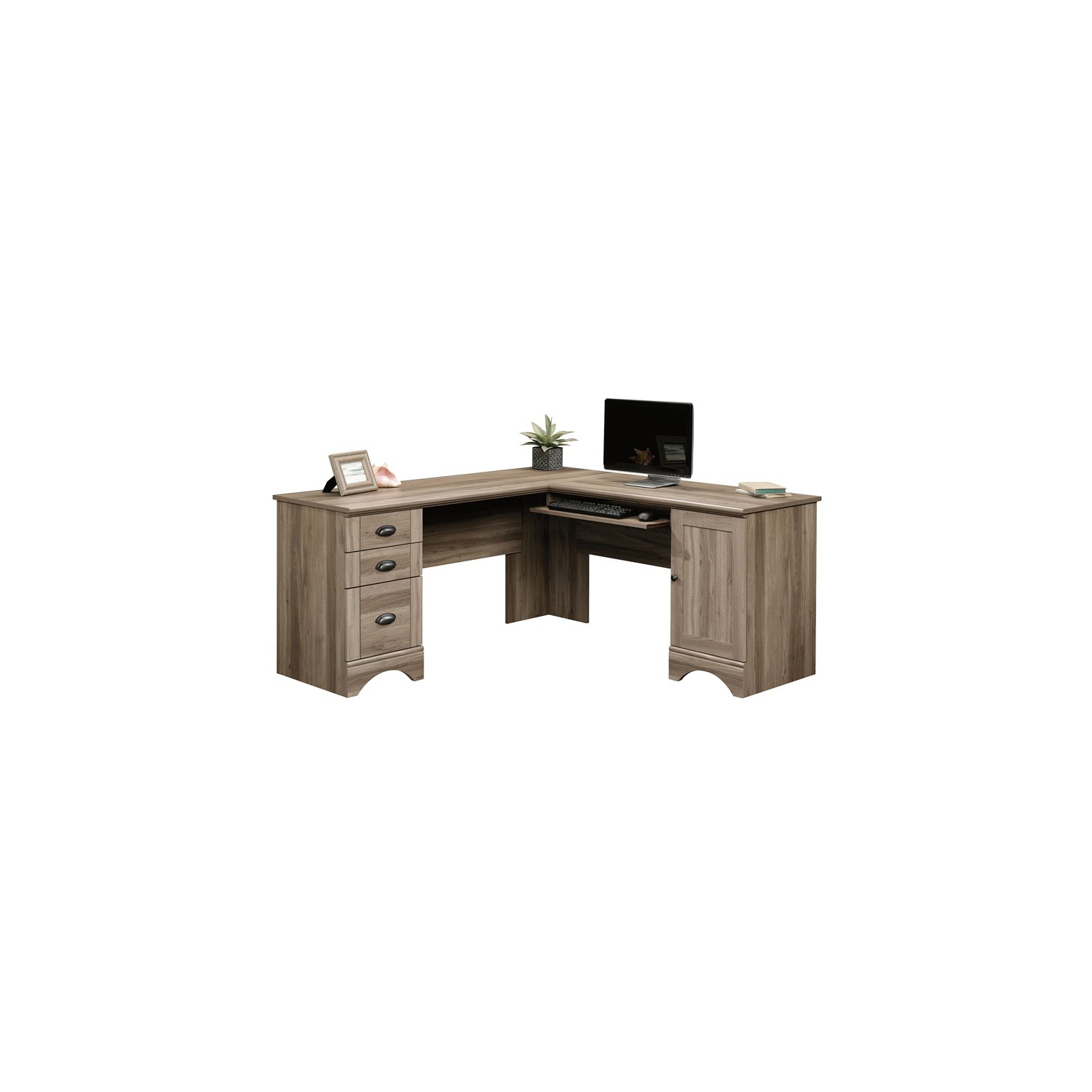 Sauder Harbor View Contemporary Wood L Shaped Computer Desk in Salt Oak