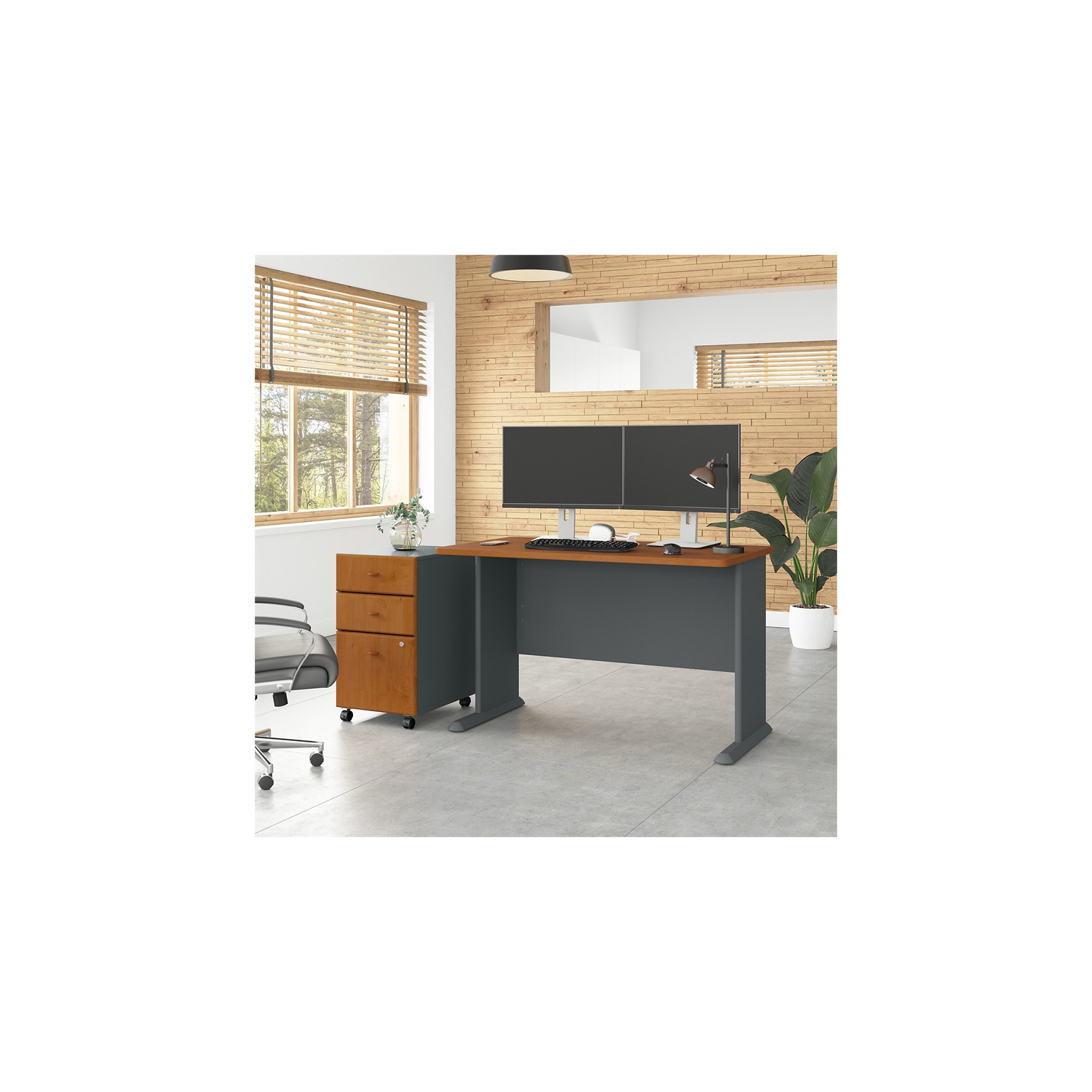 Series A 48W Desk with Drawers in Natural Cherry and Slate - Engineered Wood