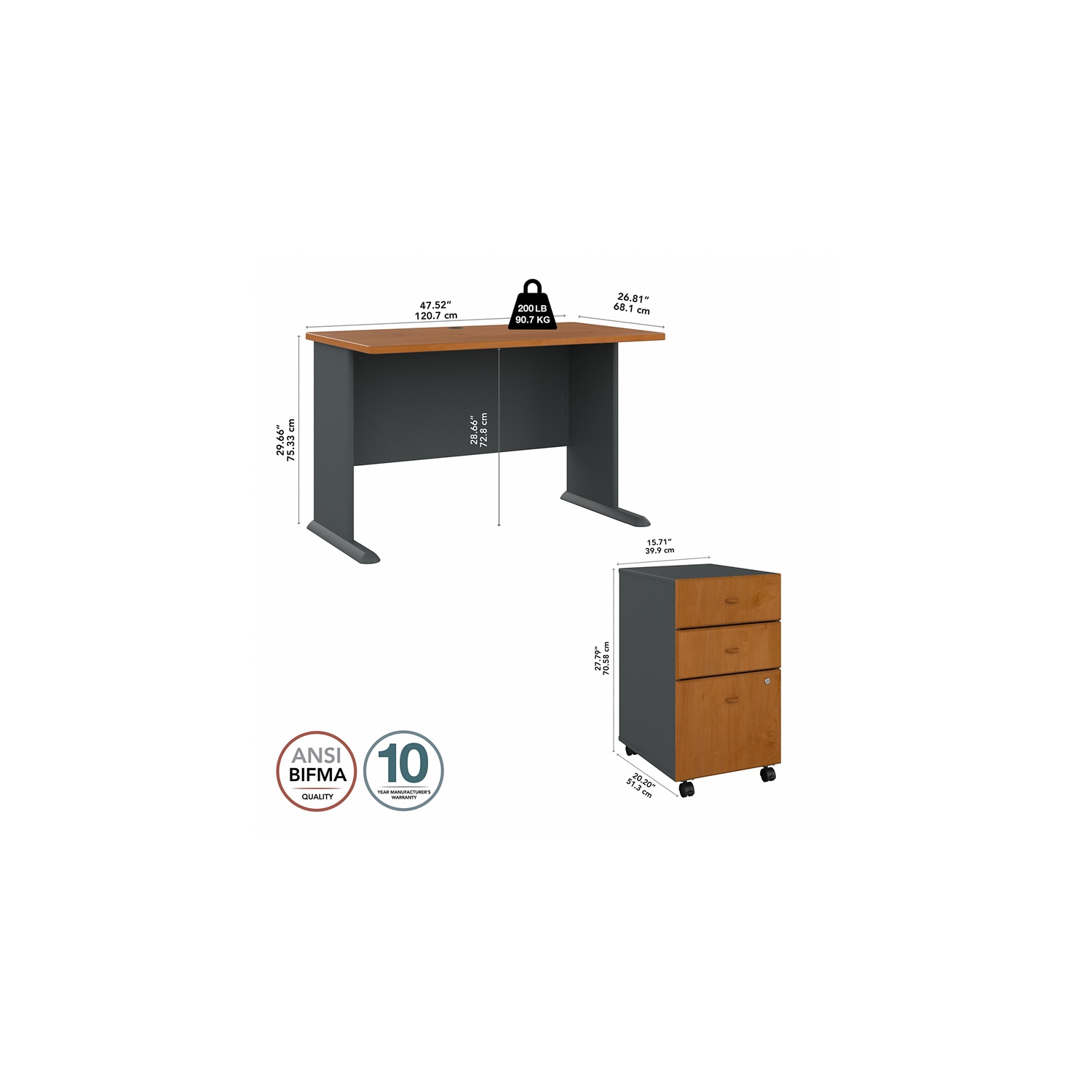 Series A 48W Desk with Drawers in Natural Cherry and Slate - Engineered Wood