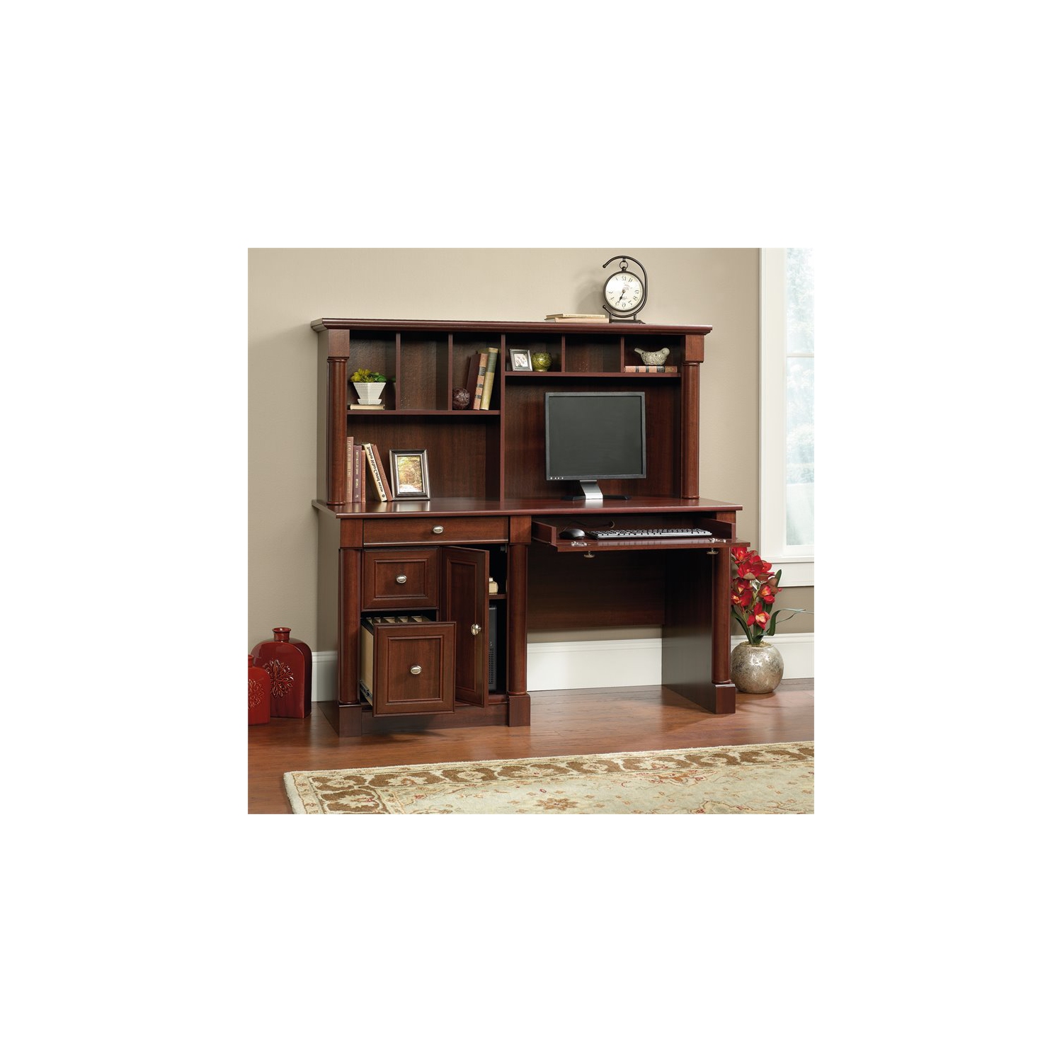 Sauder Palladia Contemporary Wood Computer Desk With Hutch in Cherry