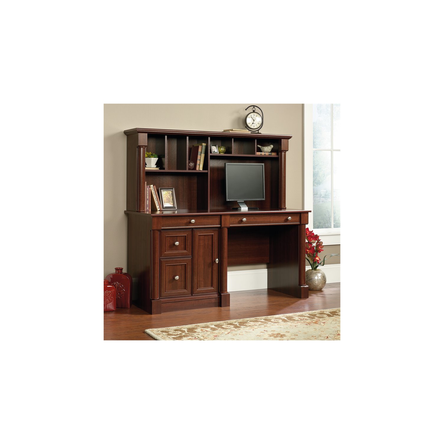 Sauder Palladia Contemporary Wood Computer Desk With Hutch in Cherry