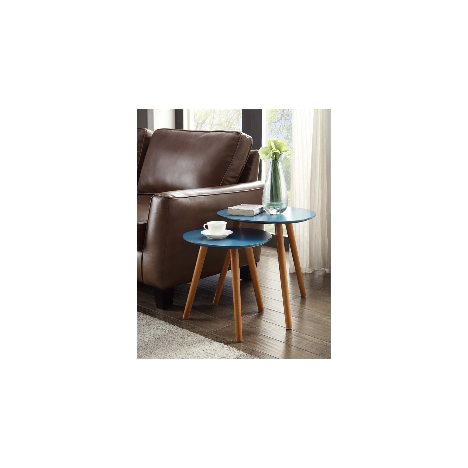 Convenience Concepts Oslo Two Piece Nesting Table Set in Blue Solid Wood Finish