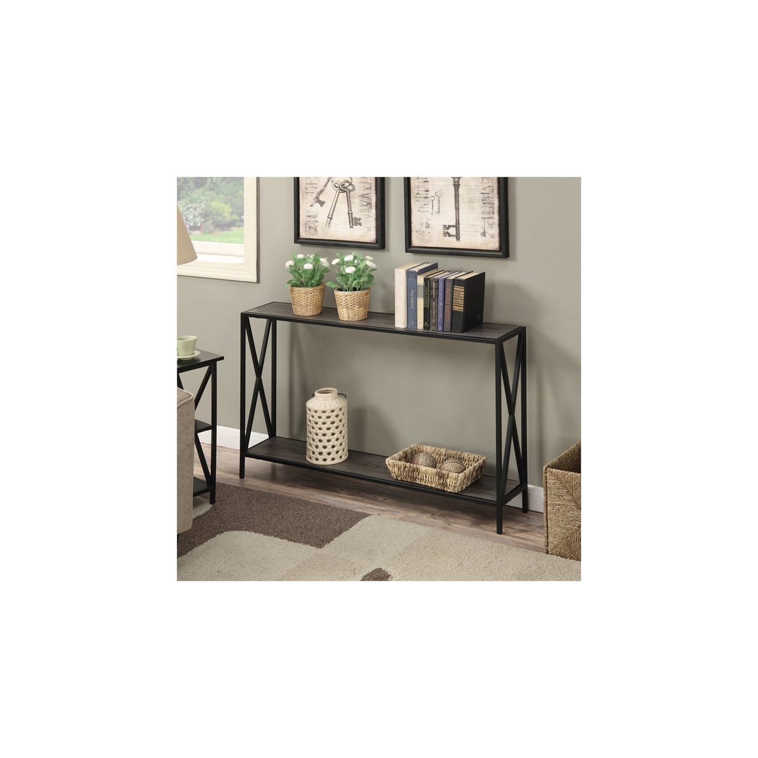 Convenience Concepts Tucson Console Table in Gray Wood Finish With Black Metal