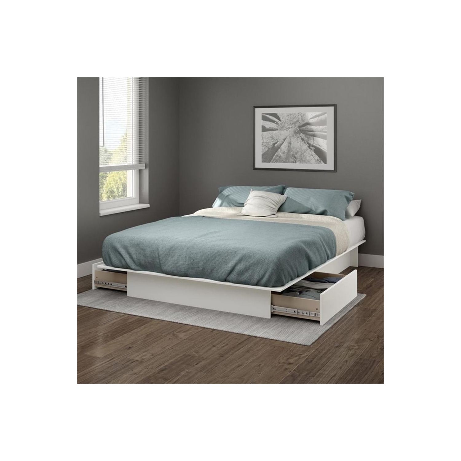 South Shore Gramercy Full Queen Platform Bed with Drawer in Pure White