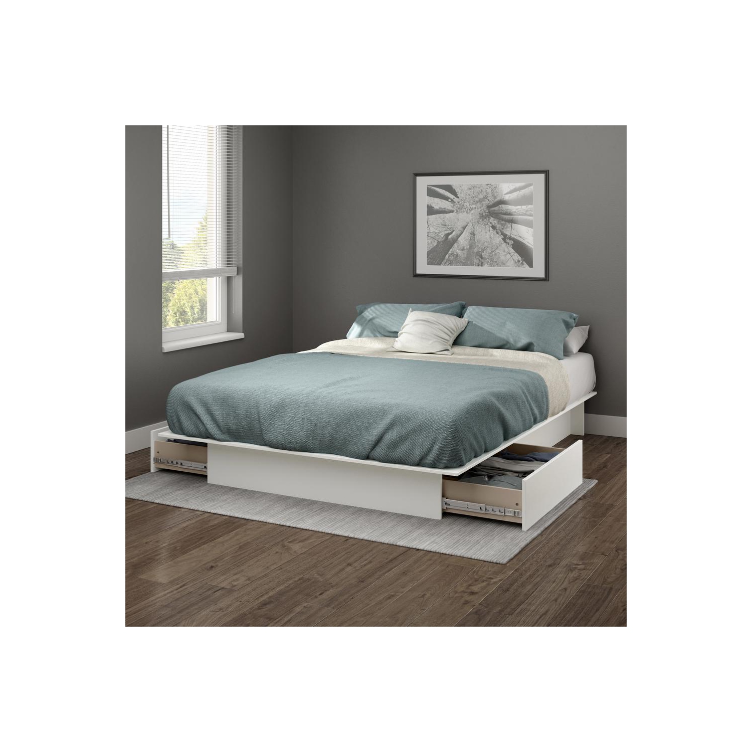 South Shore Gramercy Full Queen Platform Bed with Drawer in Pure White