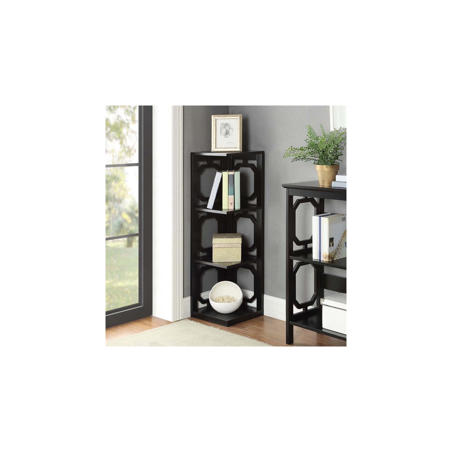 Convenience Concepts Omega Three-Shelf Corner Bookcase in Black Wood Finish