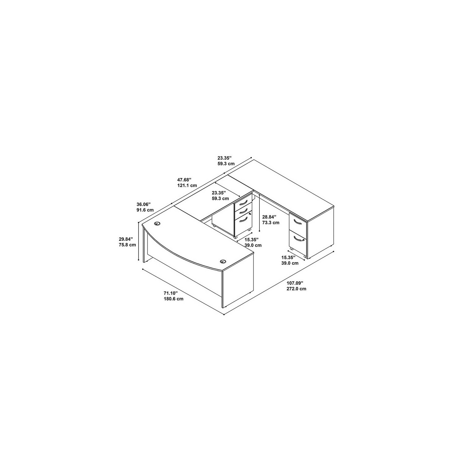 Bureau en U de 72 po avec caisson de la collection Business de Bush