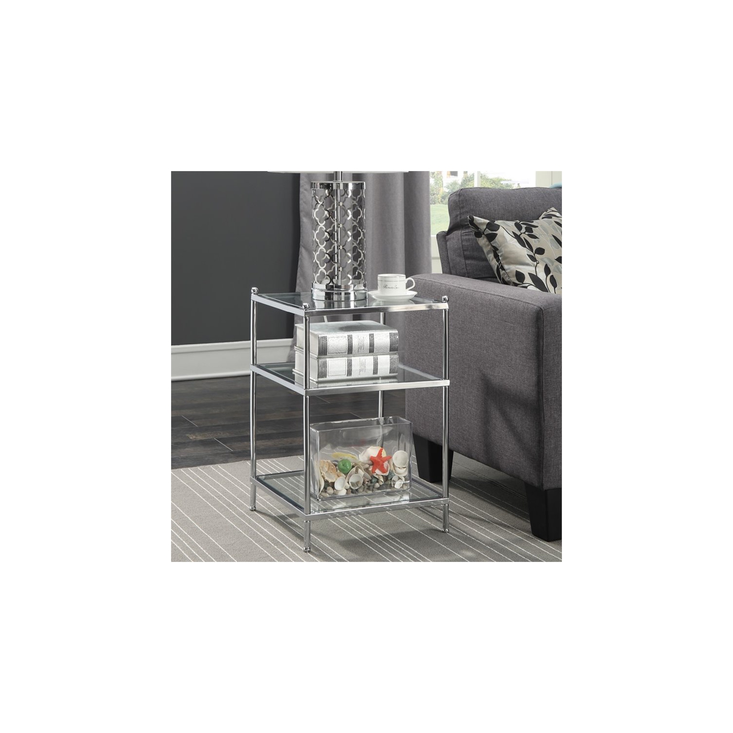 Convenience Concepts Royal Crest End Table in Clear Glass With Chrome Frame