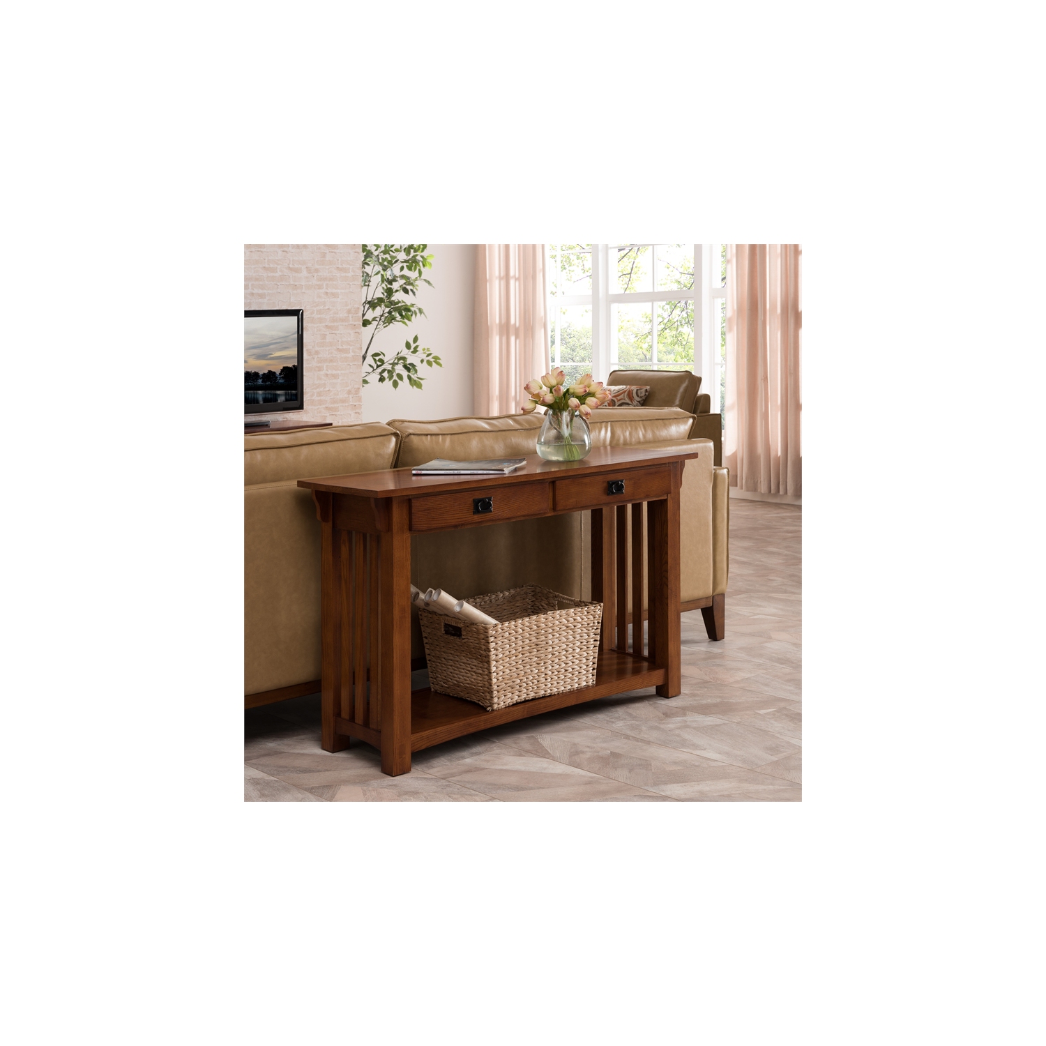 Table console Mission en bois avec tiroirs et tablette de Leick Furniture, chêne