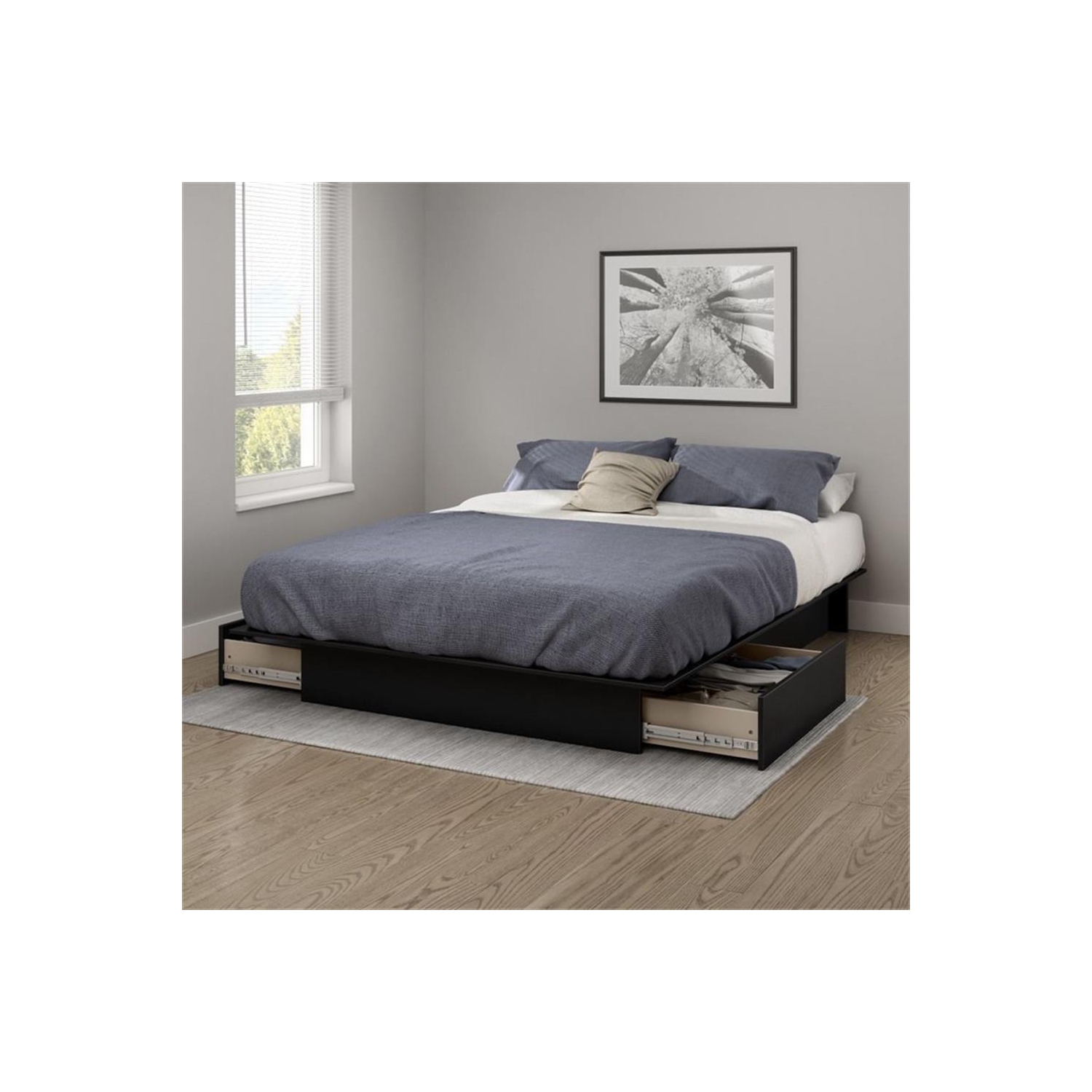 South Shore Gramercy Full Queen Platform Bed with Drawer in Pure Black