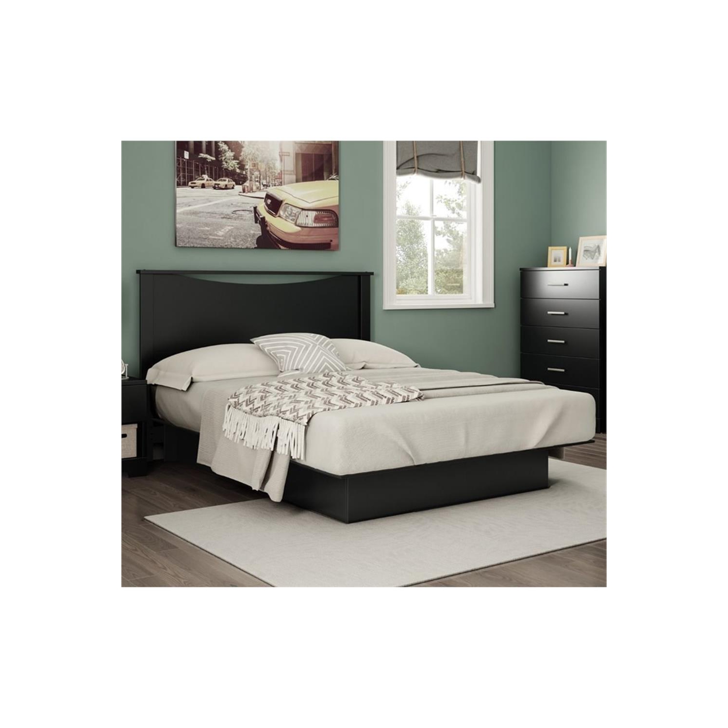 South Shore Gramercy Full Queen Platform Bed with Drawer in Pure Black