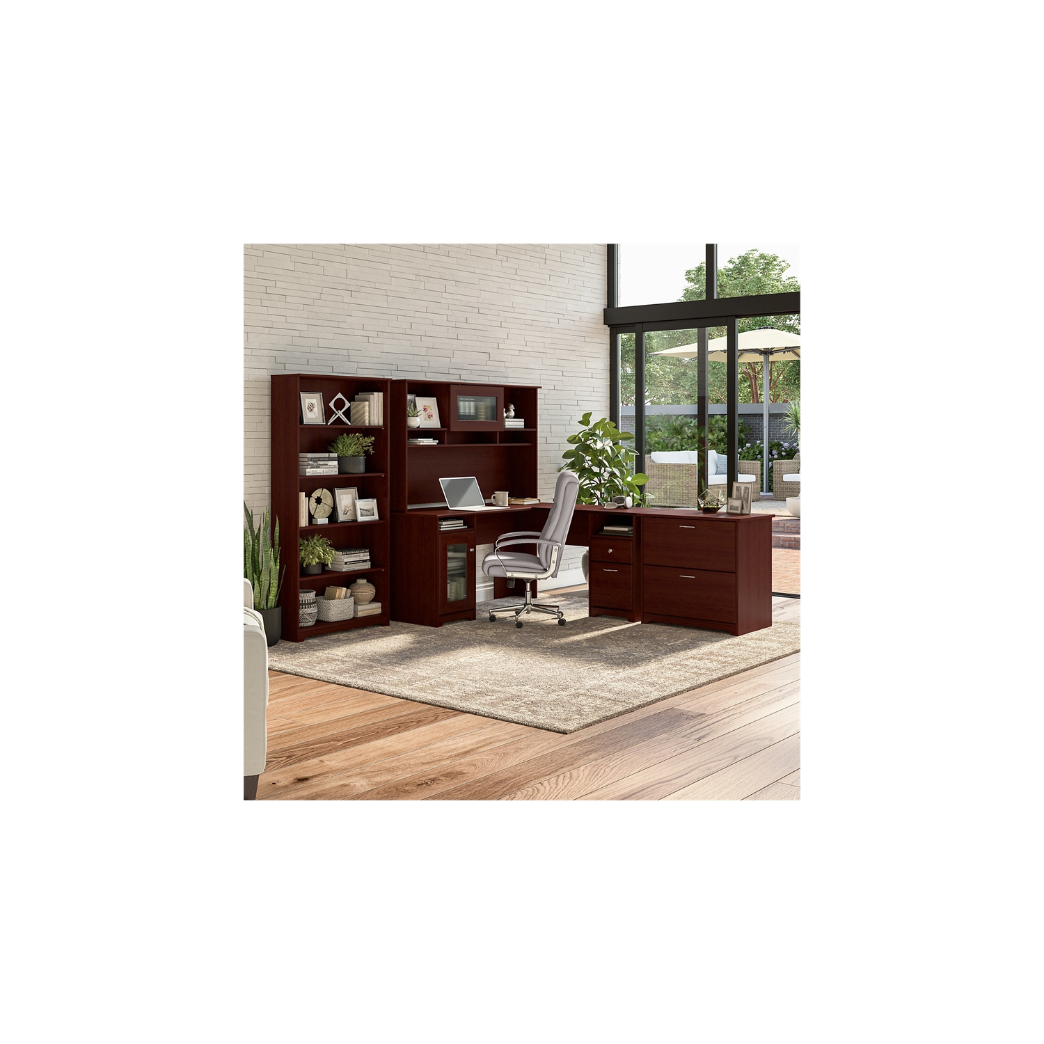 Bush Furniture Cabot L Shaped Desk 4 Piece Office Suite in Harvest Cherry