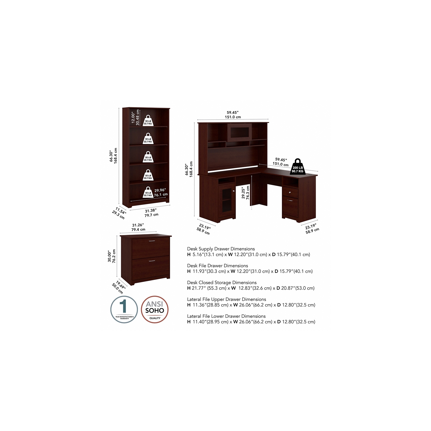 Bush Furniture Cabot L Shaped Desk 4 Piece Office Suite in Harvest Cherry