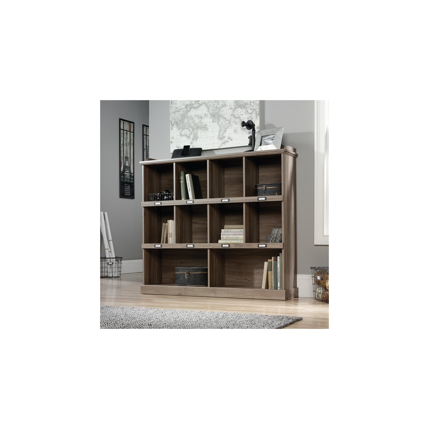 Sauder – Bibliothèque à 10 compartiments en bois d’ingénierie Barrister Lane, chêne salé