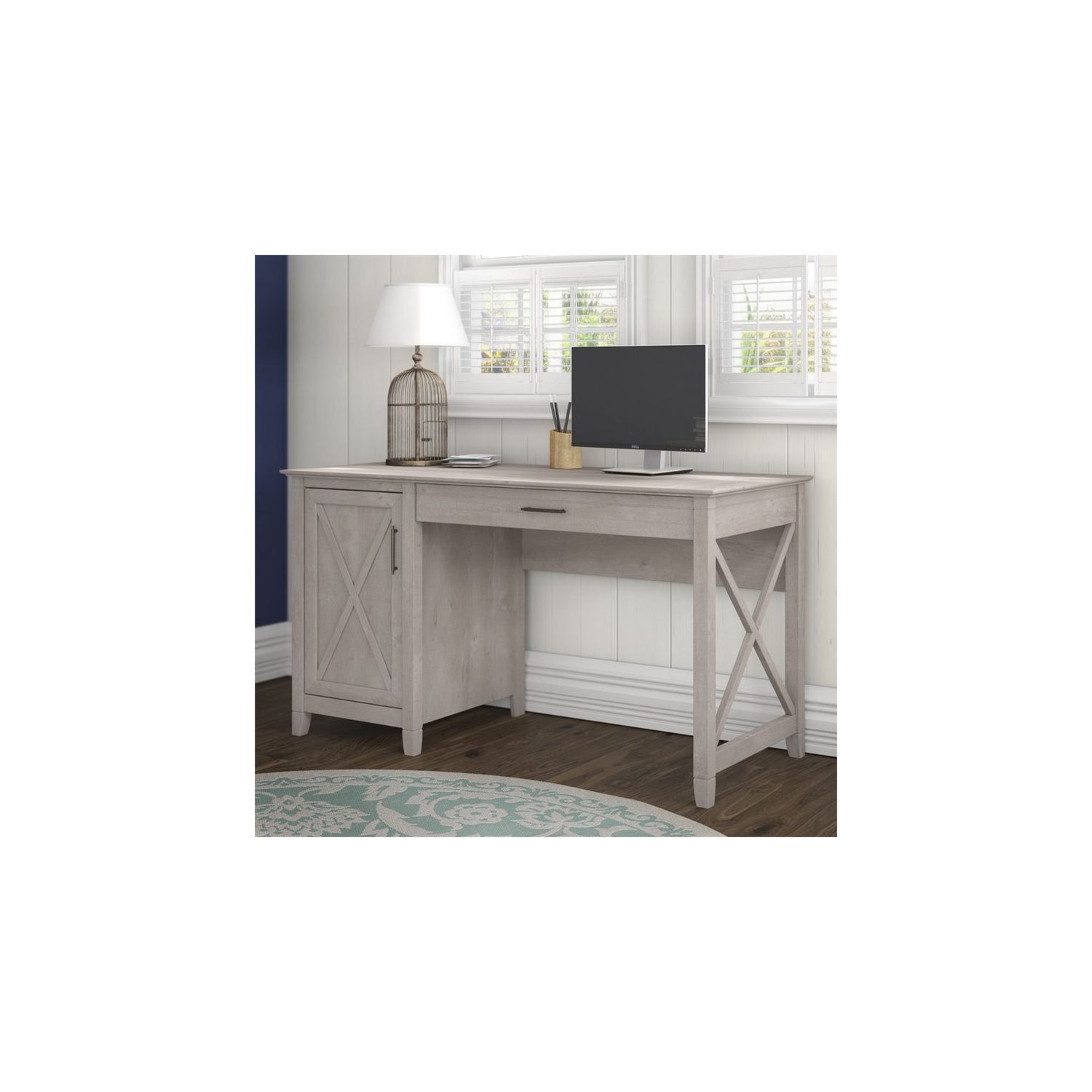 Key West 54W Computer Desk with Storage in Washed Gray - Engineered Wood