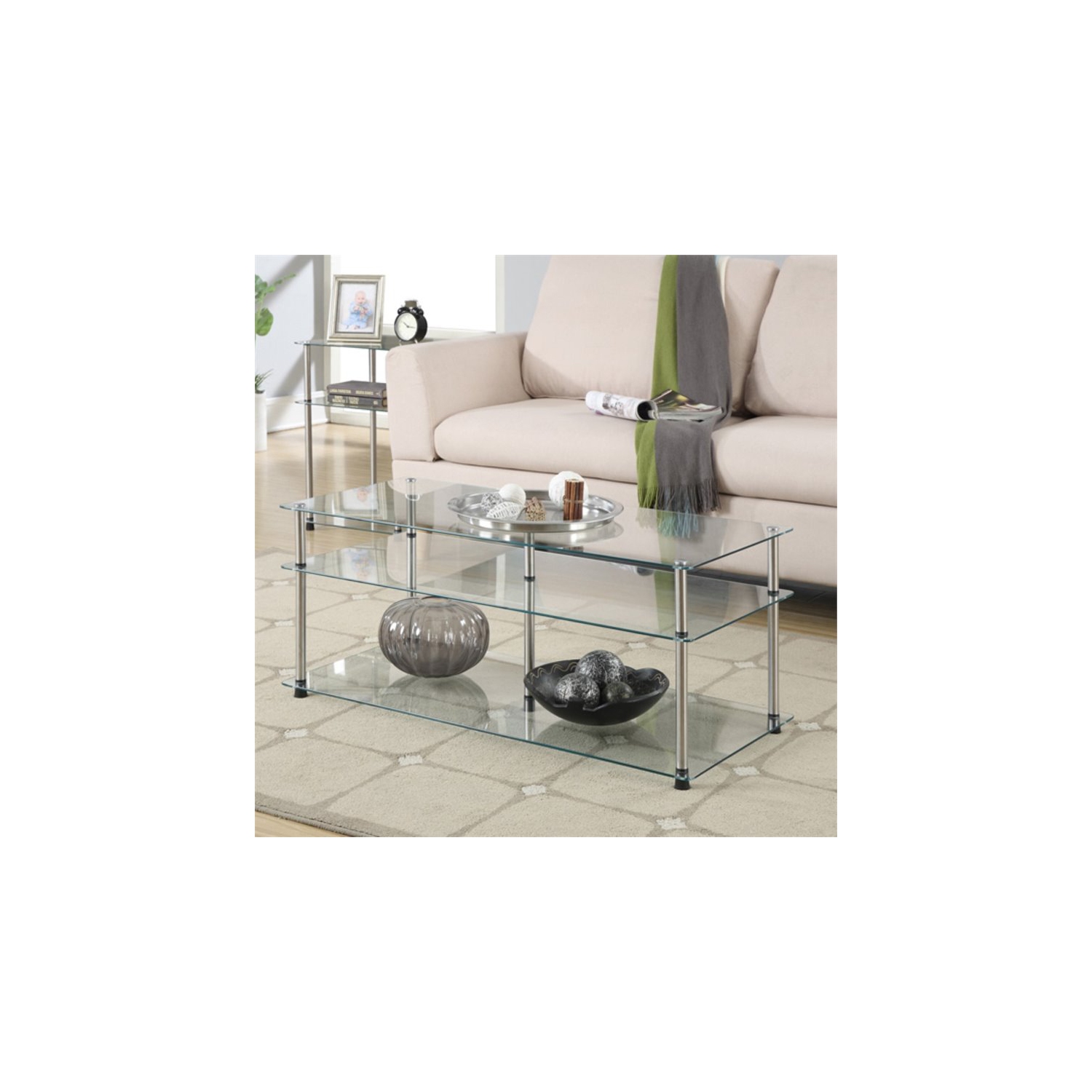 Convenience Concepts Designs2Go Three-Tier Coffee Table with Clear Glass Shelves