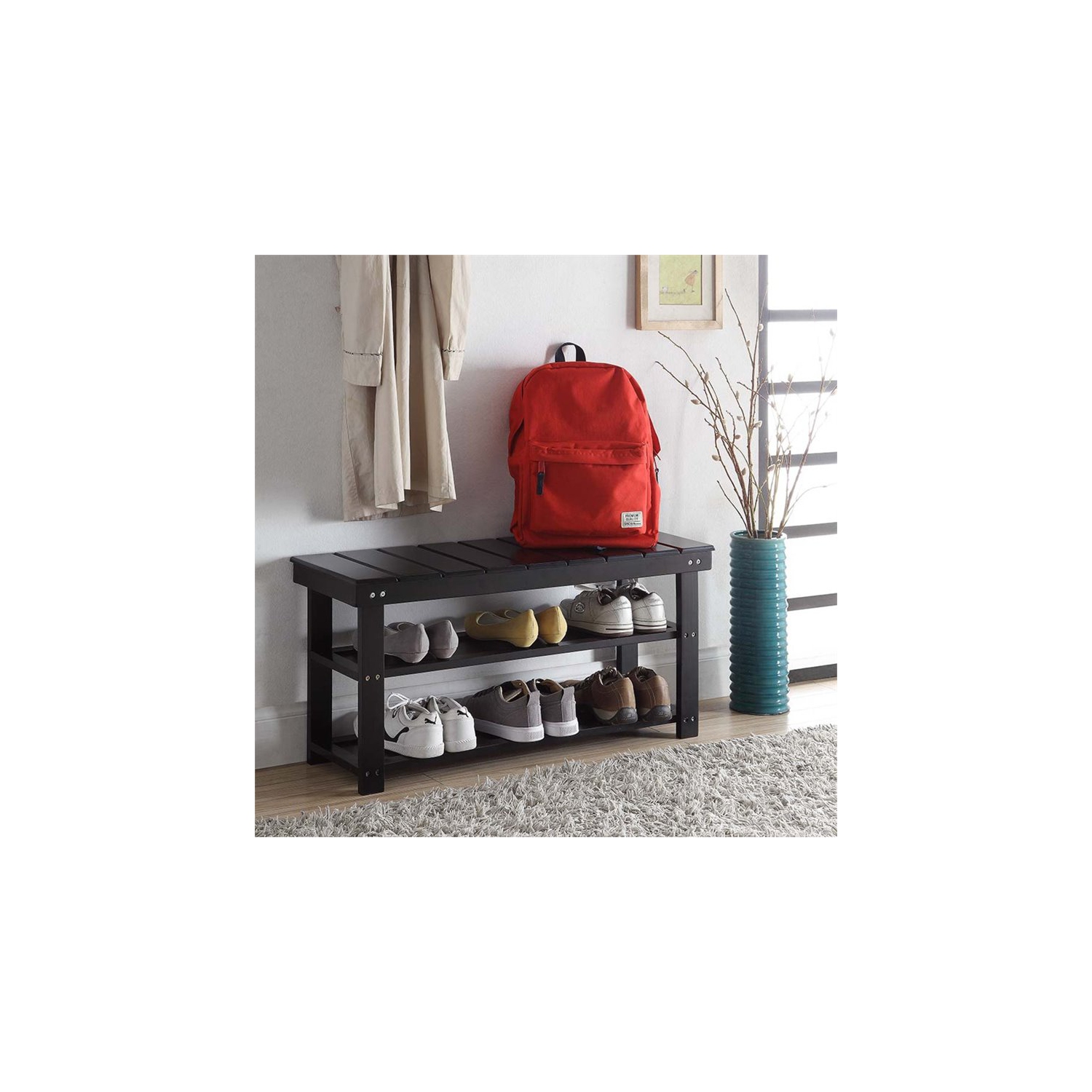 Convenience Concepts Oxford Utility Mudroom Entryway Bench in Black Wood Finish