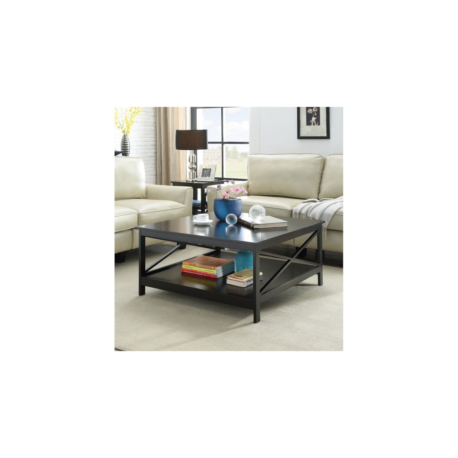 Convenience Concepts Oxford 36" Square Coffee Table in Black Wood Finish
