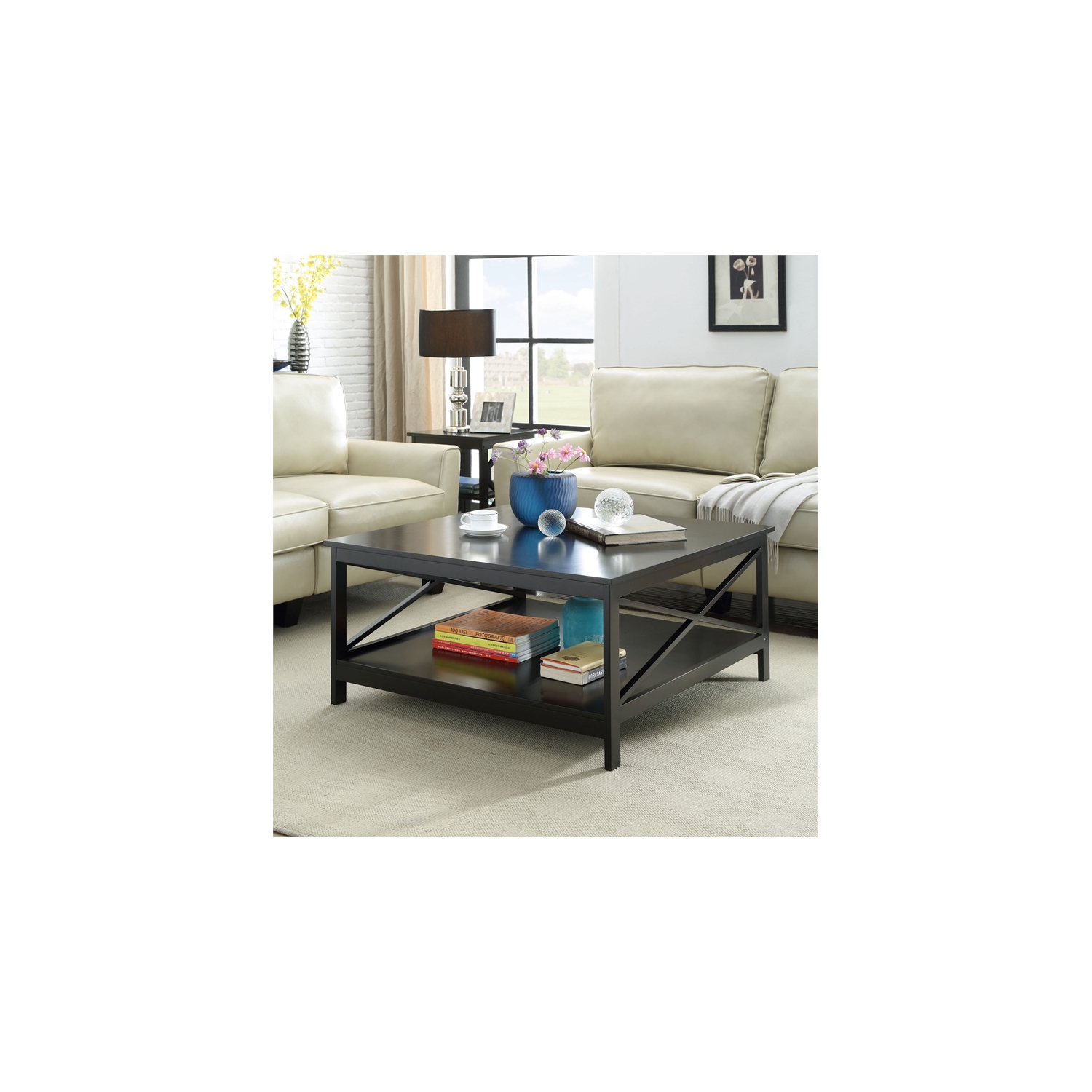 Convenience Concepts Oxford 36" Square Coffee Table in Black Wood Finish