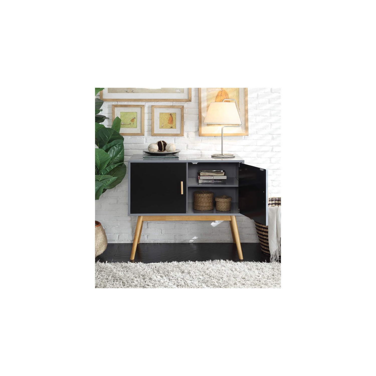 Convenience Concepts Oslo Storage Console Table in Gray and Black Wood Finish