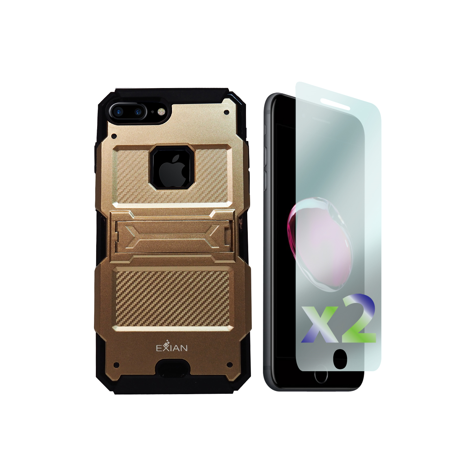 Exian iPhone 8 Plus / 7 Plus Screen Protectors X 2 and Armored Case with Stand Gold