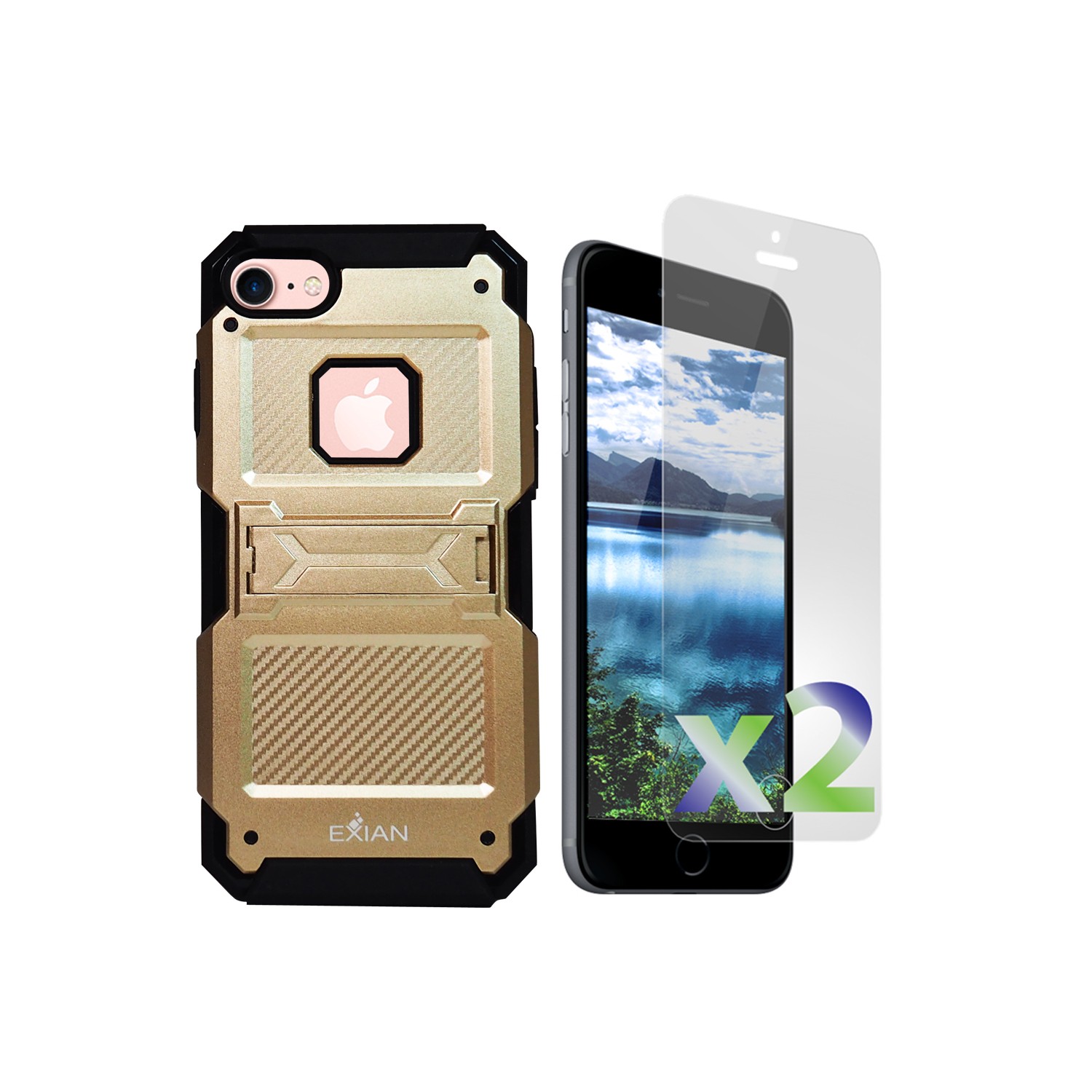 Protecteurs d’écran d’Exian pour iPhone 8/7 X 2 avec étui protecteur et support doré