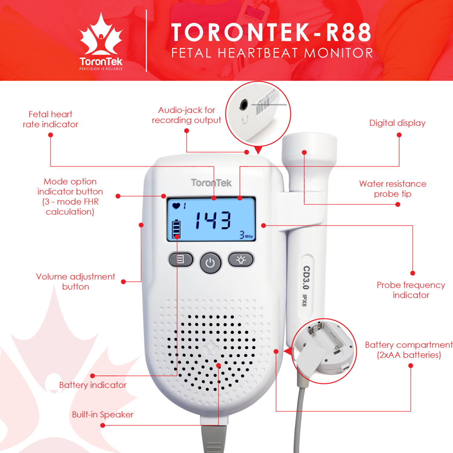 ToronTek R88 Fetal Doppler - Personal Pocket Ultrasound for Maternity + 60gr Aquasonic Gel
