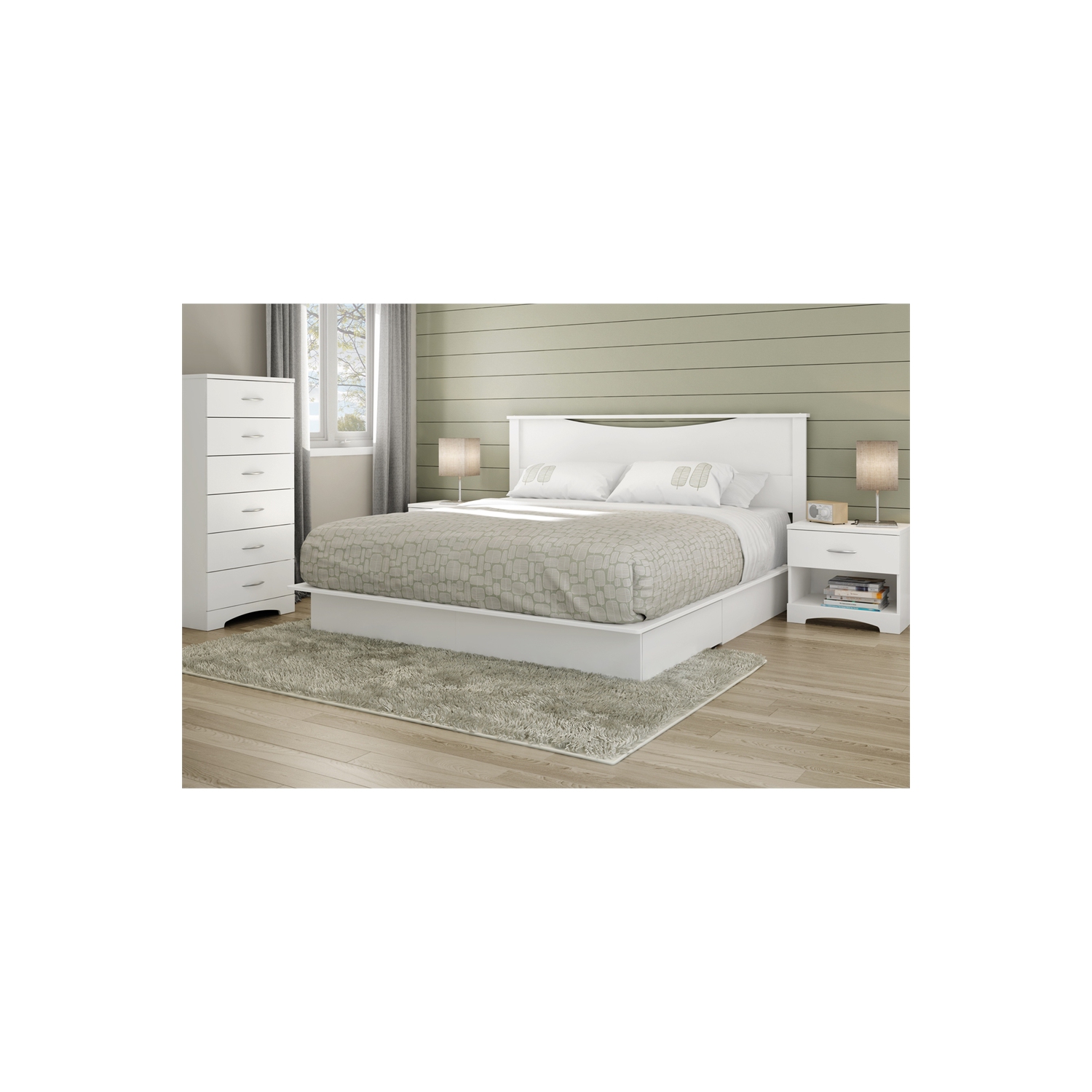 Lit plateforme king avec tiroirs Step One, Blanc solide de Meubles South Shore