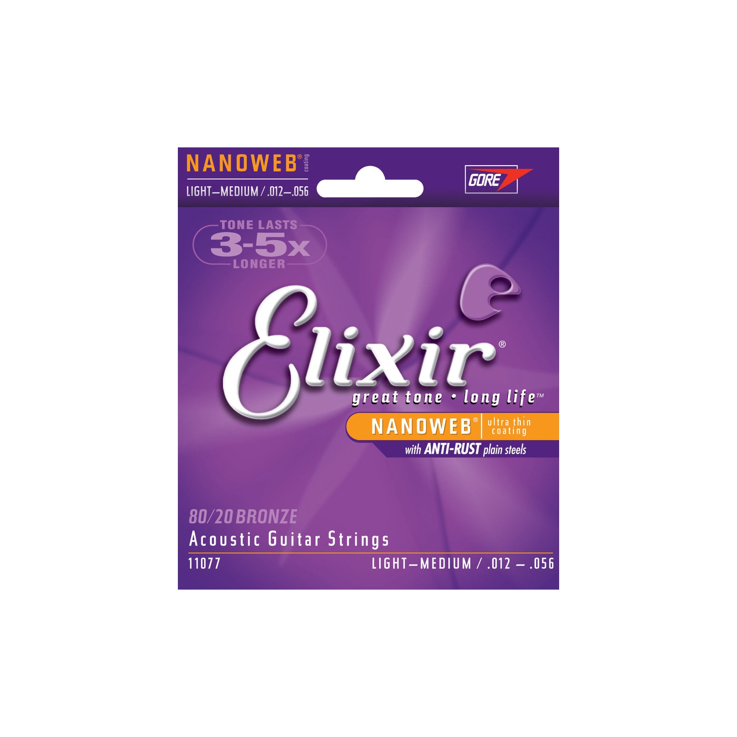 Elixir Strings Acoustic Guitar Strings, 6-String, Light-Medium NANOWEB Coating