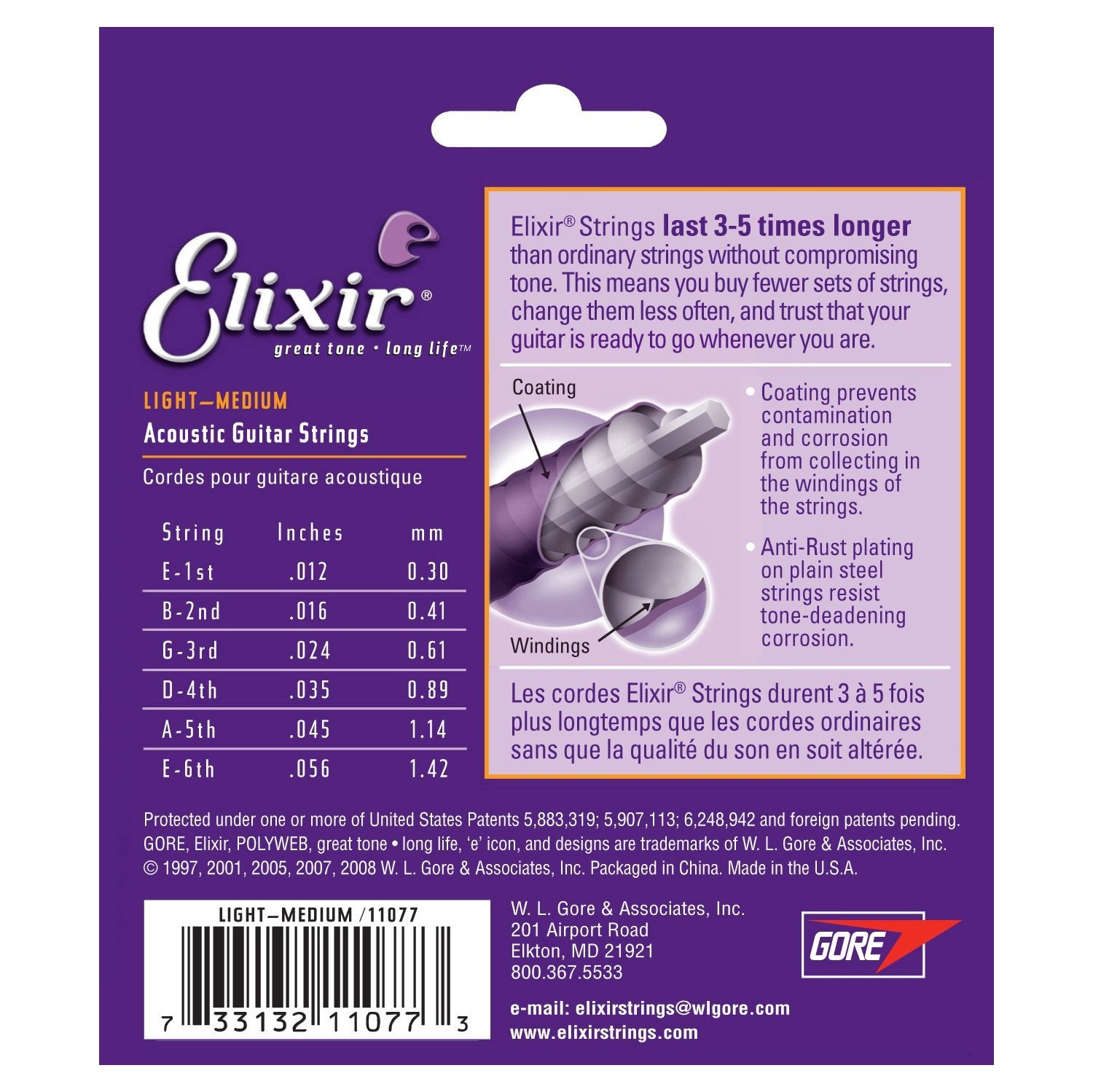 Elixir Strings Acoustic Guitar Strings, 6-String, Light-Medium NANOWEB Coating