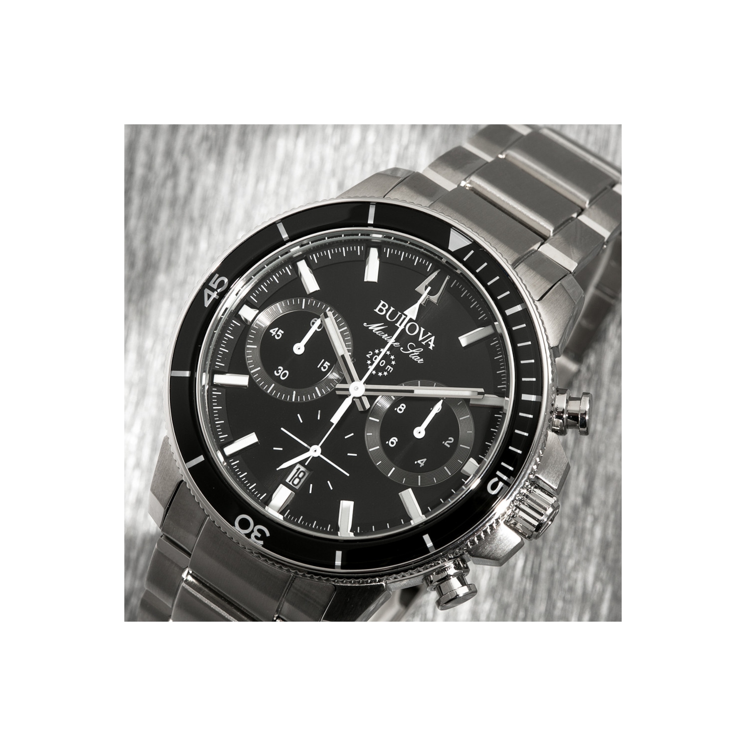 Bulova Mens Marine Star Quartz Watch 45mm Silver-Tone Stainless Steel Case and Bracelet with Black Dial