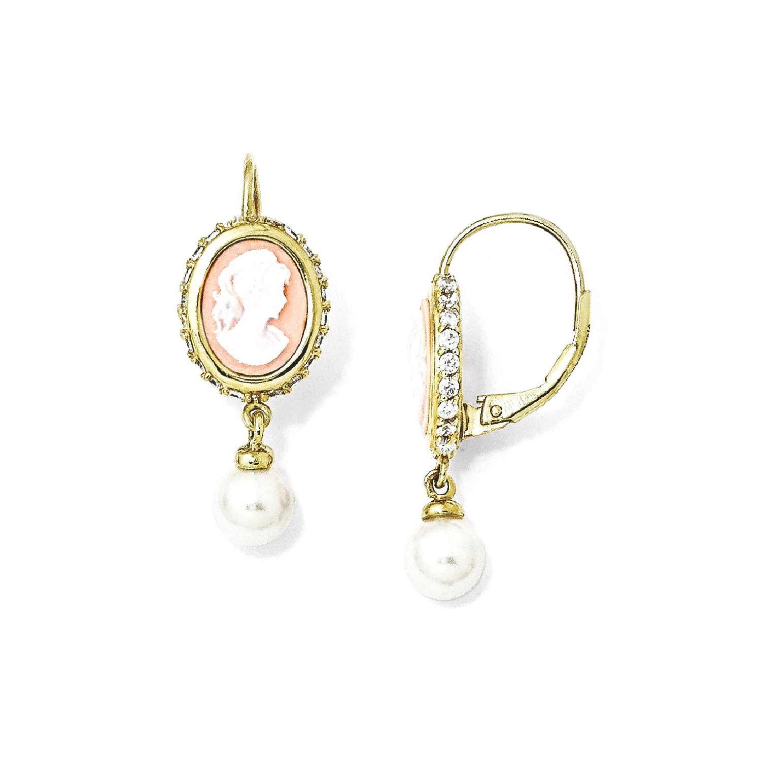 IceCarats 925 Sterling Silver Gold Plated Simulated Pearl/cameo/cz Leverback Earrings Lever Back For Women Drop Dangle
