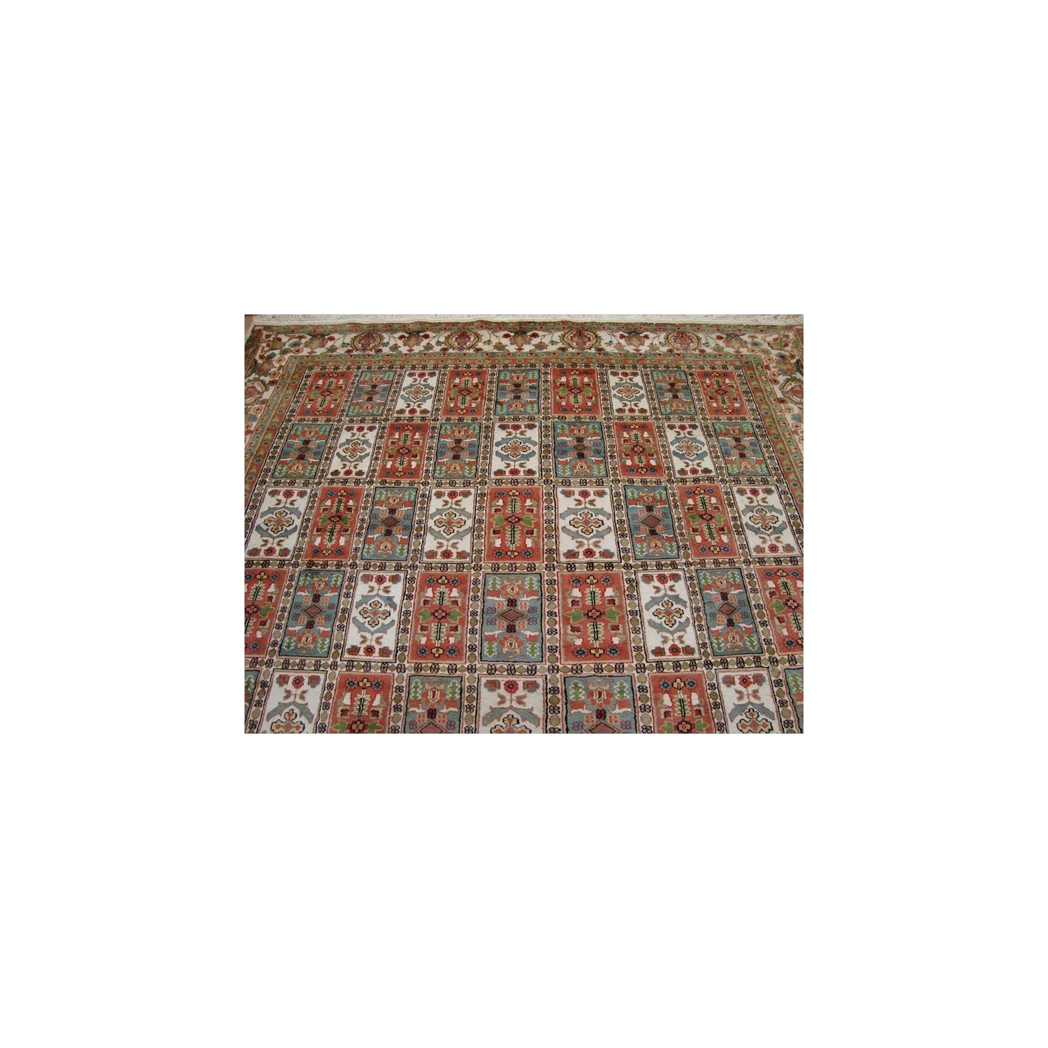 Ahmedani Bakhtiari Floral Blocks Hand Knotted Wool Silk Carpet 12.5' x 9.1' Area Rug - Multi-Colour