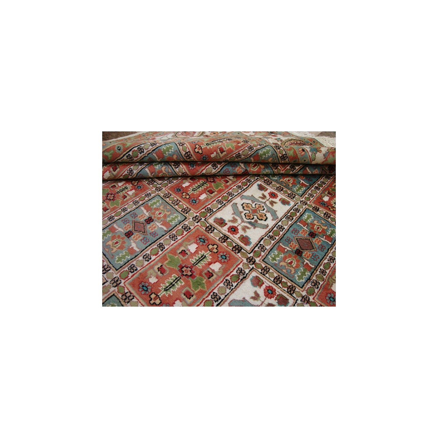 Ahmedani Bakhtiari Floral Blocks Hand Knotted Wool Silk Carpet 12.5' x 9.1' Area Rug - Multi-Colour