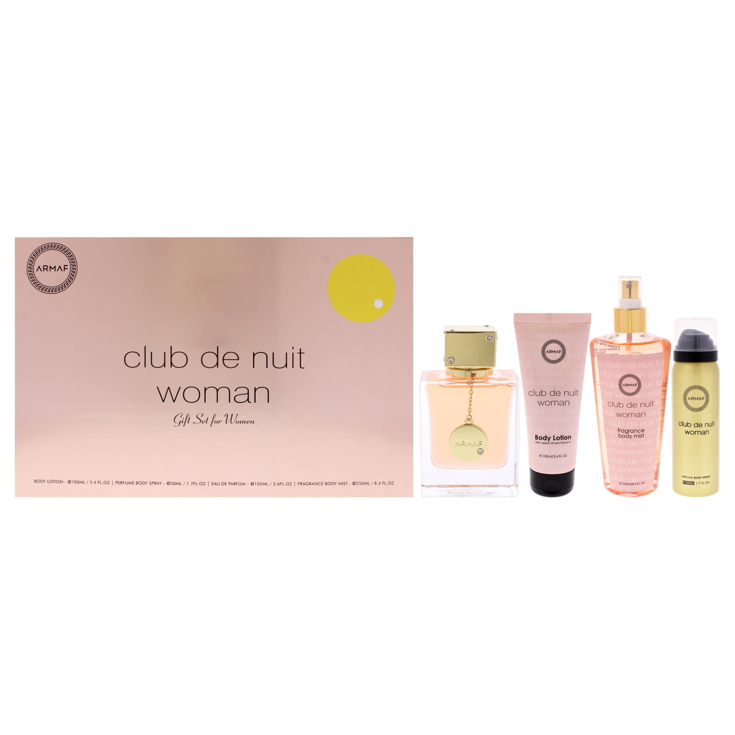 Club De Nuit by Armaf for Women - 4 Pc Gift Set 3.6oz EDP Spray, 3.4oz Body Lotion, 1.7oz Body Spray, 8.4oz Body Mist