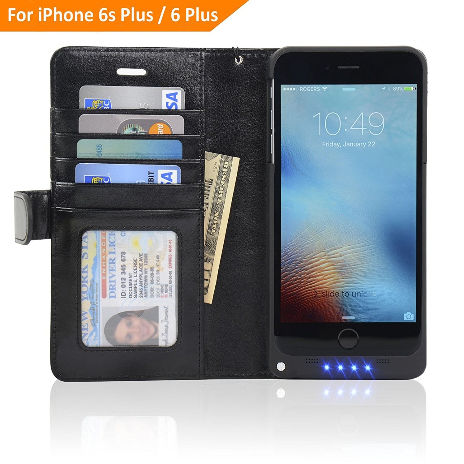 NAVOR Folio Wallet Power Battery Case 5000 mAh for iPhone 6 Plus / 6S Plus [5.5 Inch] - Black (IP6PBTCBK)