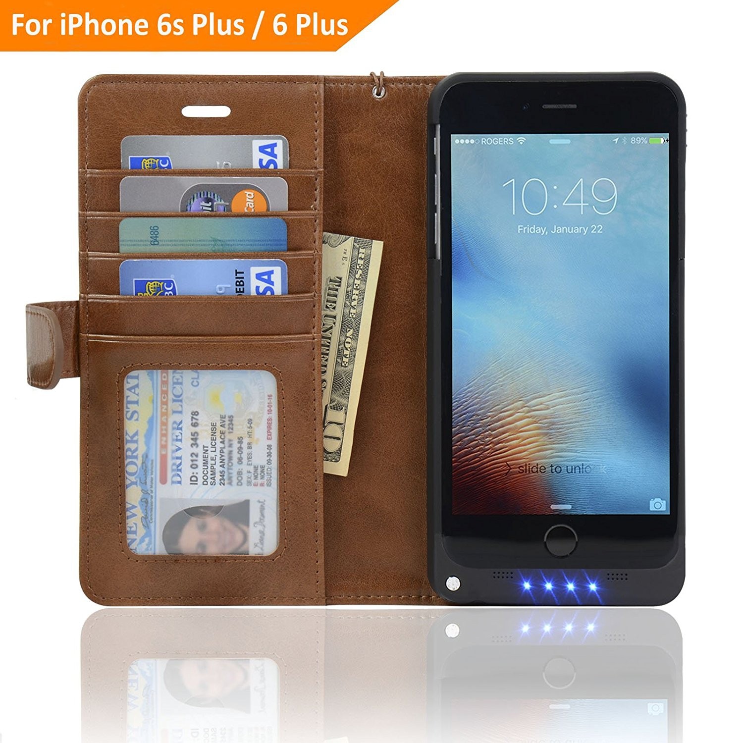 NAVOR Folio Wallet Power Battery Case 5000 mAh for iPhone 6 Plus / 6S Plus [5.5 Inch] - Brown (IP6PBTCBR)