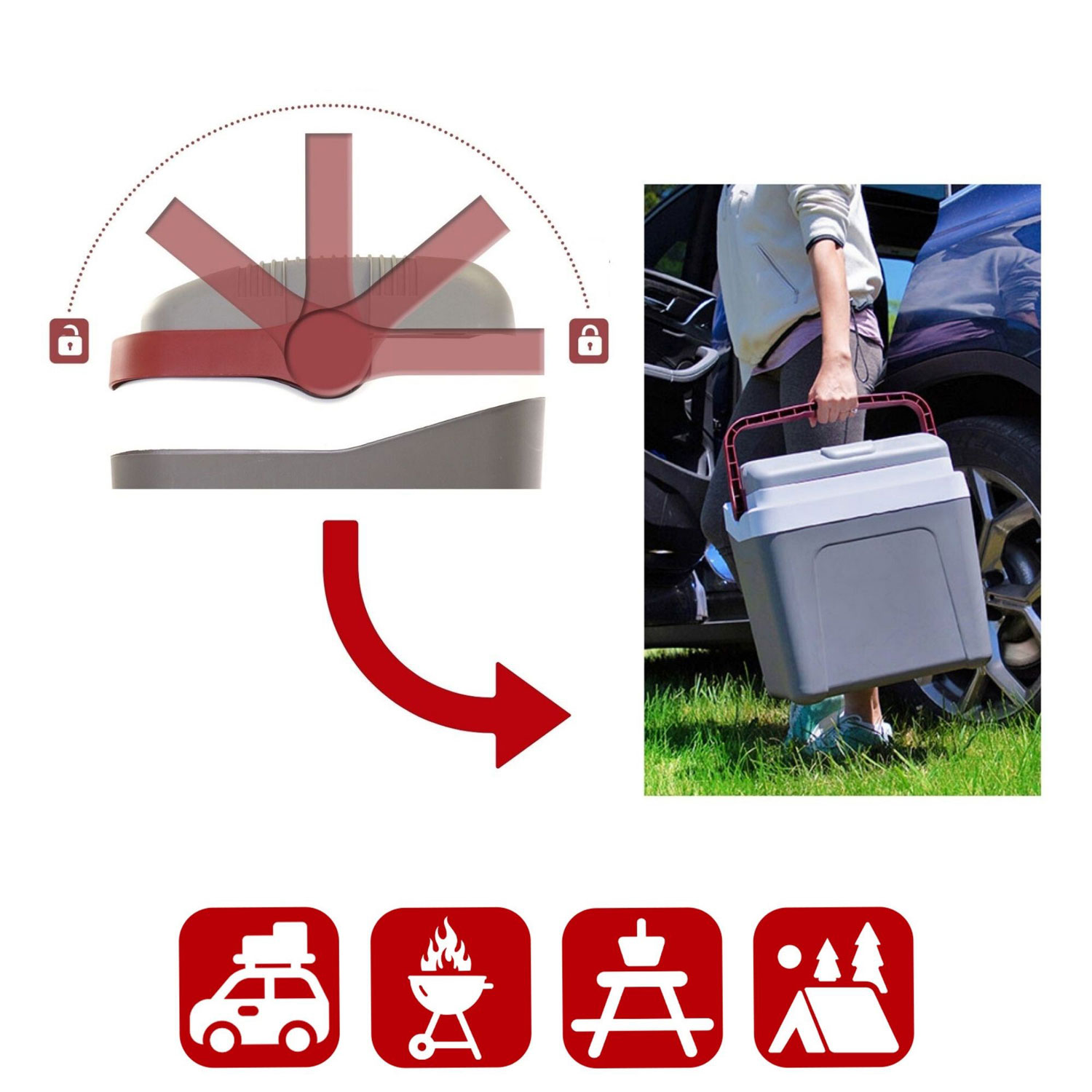 Glacière électrique à poignée autoverrouillable 12 V 24 L de Koolatron - Gris/Rouge