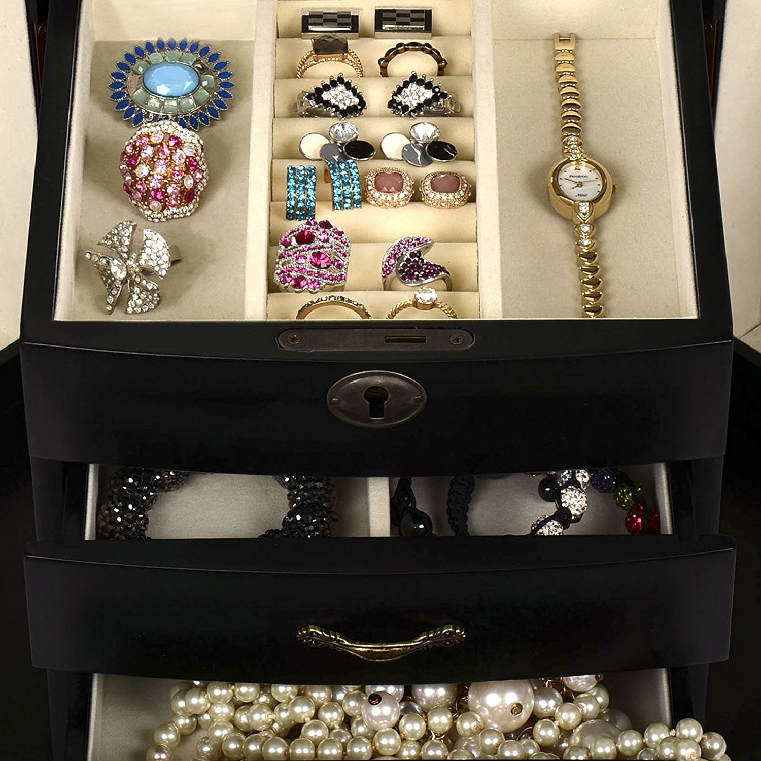 Grace Wood Finish – Coffret à bijoux, armoire, quatre compartiments de rangement