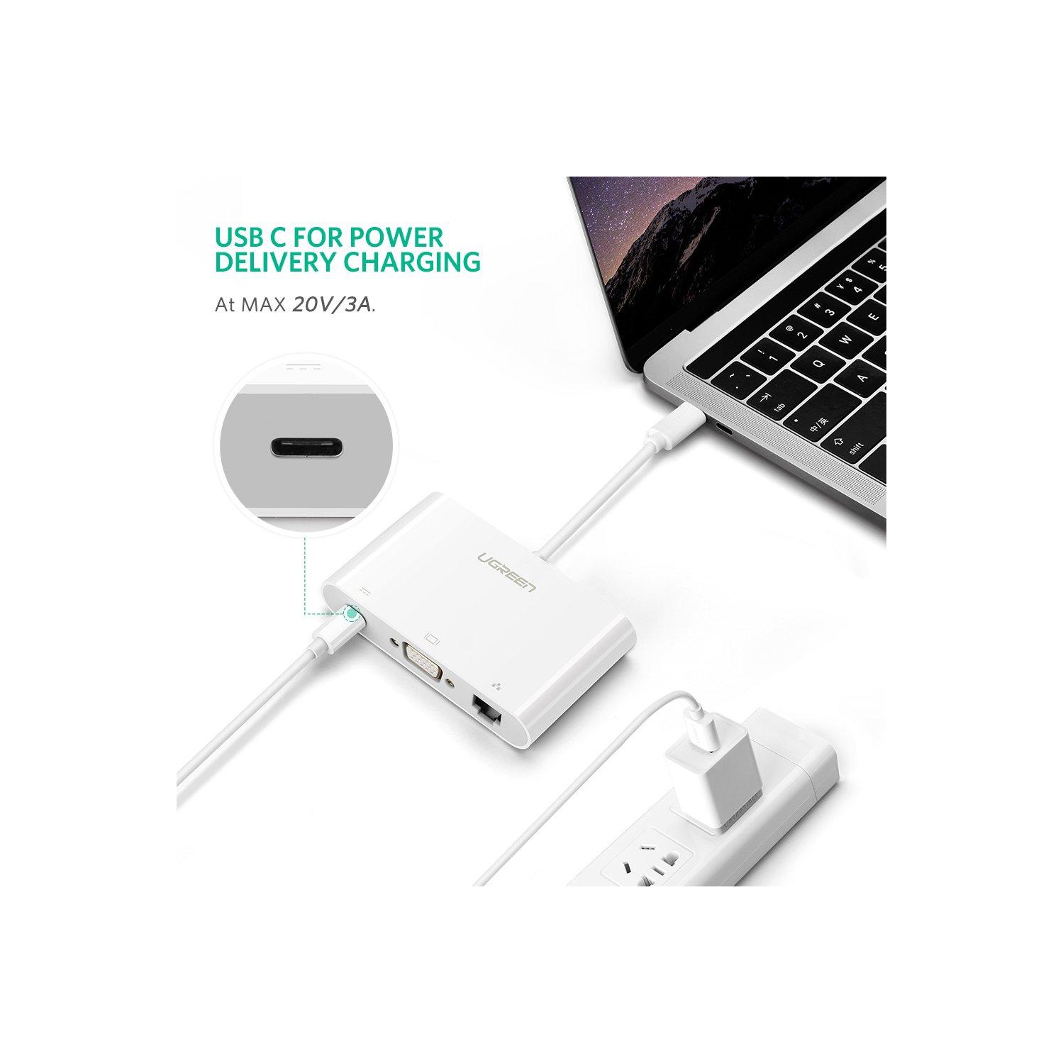 UGREEN USB C to VGA Ethernet Adapter with USB 3.0 USB 2.0 Hub, Type C for Power Delivery LAN Adapter for 12-inch Macbook