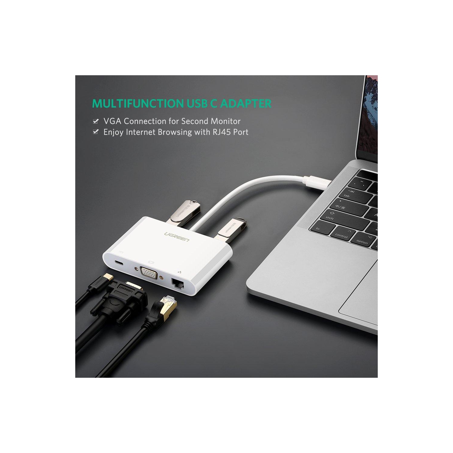 UGREEN USB C to VGA Ethernet Adapter with USB 3.0 USB 2.0 Hub, Type C for Power Delivery LAN Adapter for 12-inch Macbook