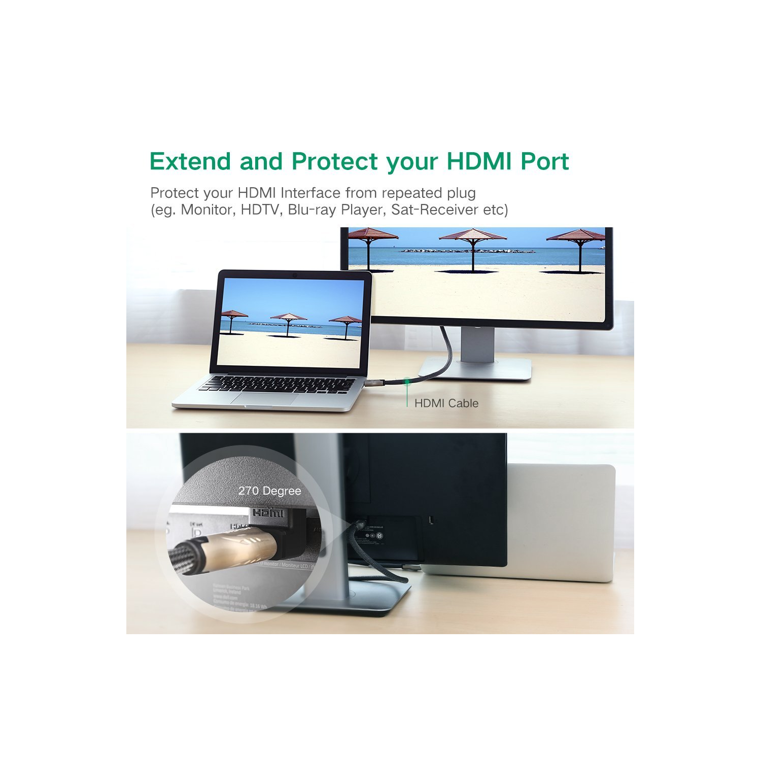 UGREEN HDMI 270 Degree Right Angle Adapter Gold Plated High Speed HDMI Male to Female Connector Adapter for Roku TV Stick