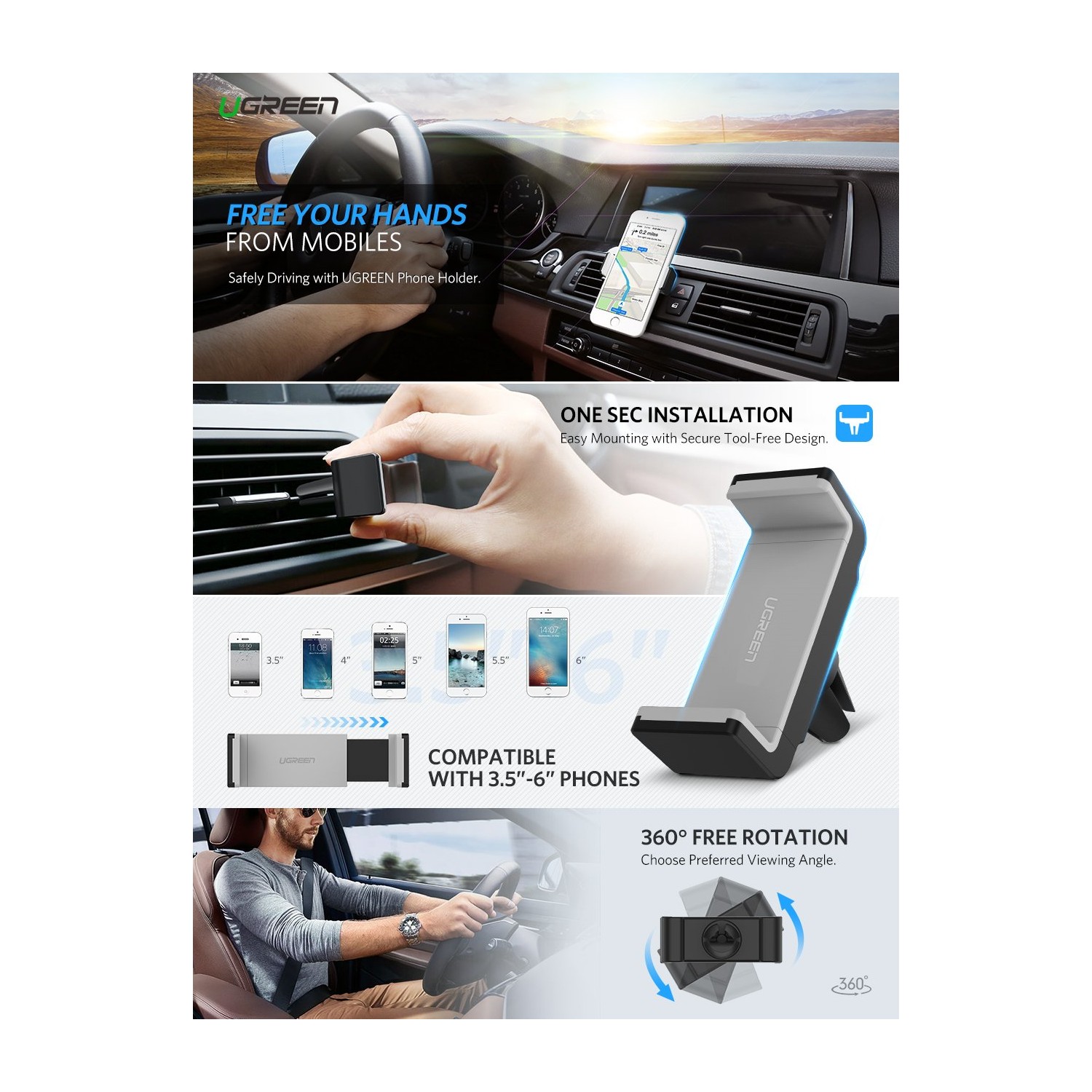 UGREEN Car Phone Mount Air Vent Cell Phone Stand Cradle 360 Degree Rotation Compatible for iPhone 11 Pro XS Max XR X 8 7 6S...